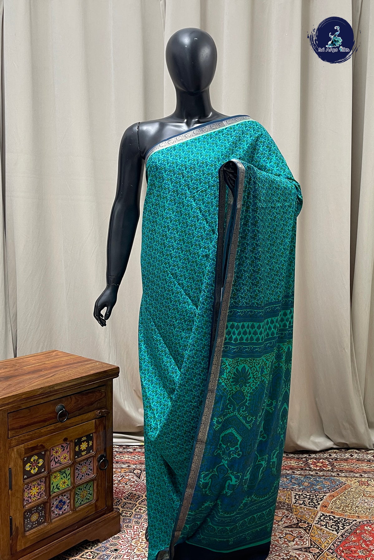 Turquoise Semi Mysore Silk With Floral Print Pattern