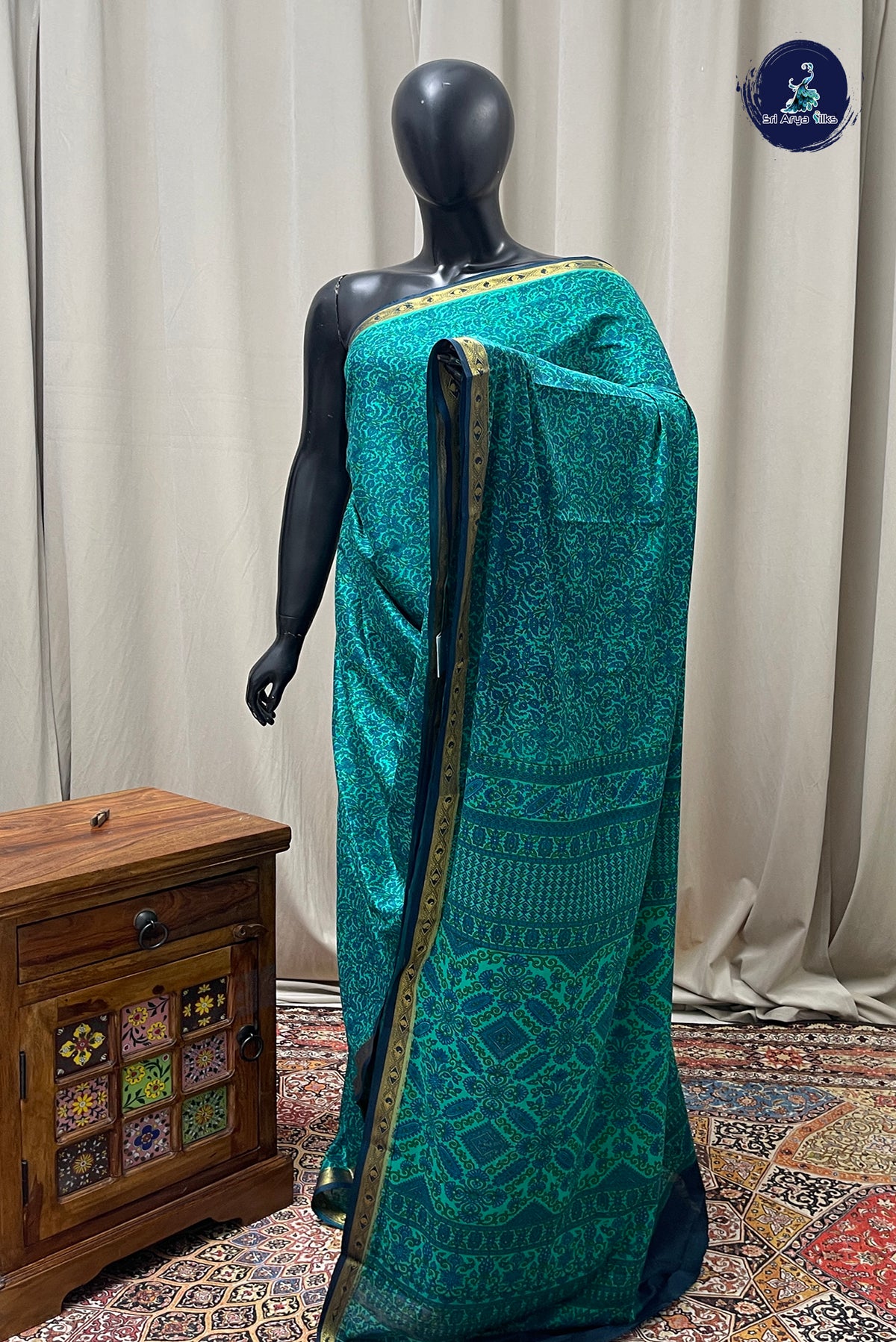 Turquoise Semi Mysore Silk With Floral Print Pattern