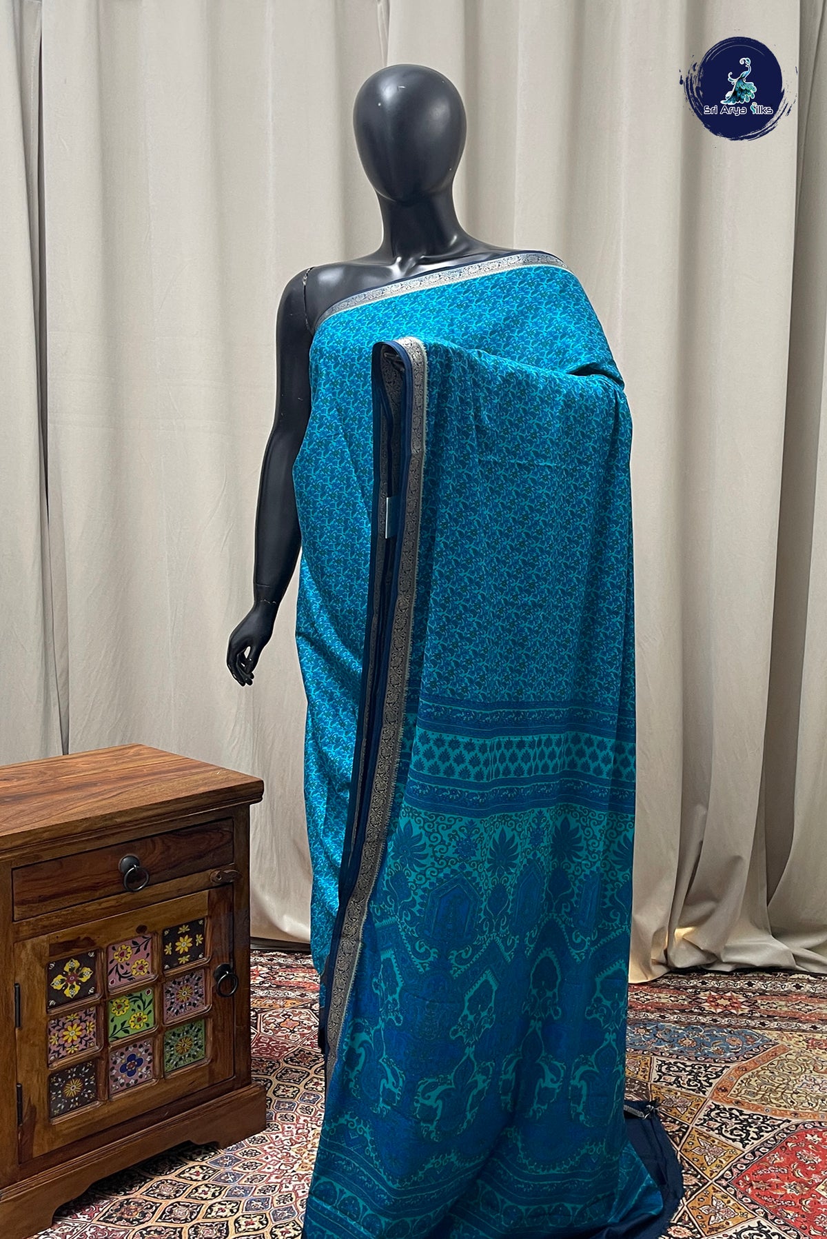 Blue Semi Mysore Silk With Floral Print Pattern