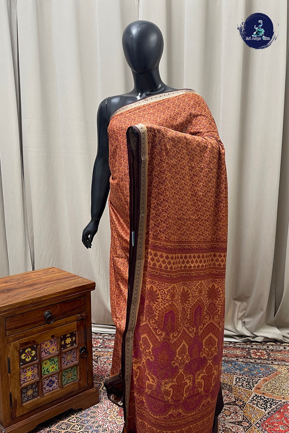 Peach Semi Mysore Silk With Floral Print Pattern
