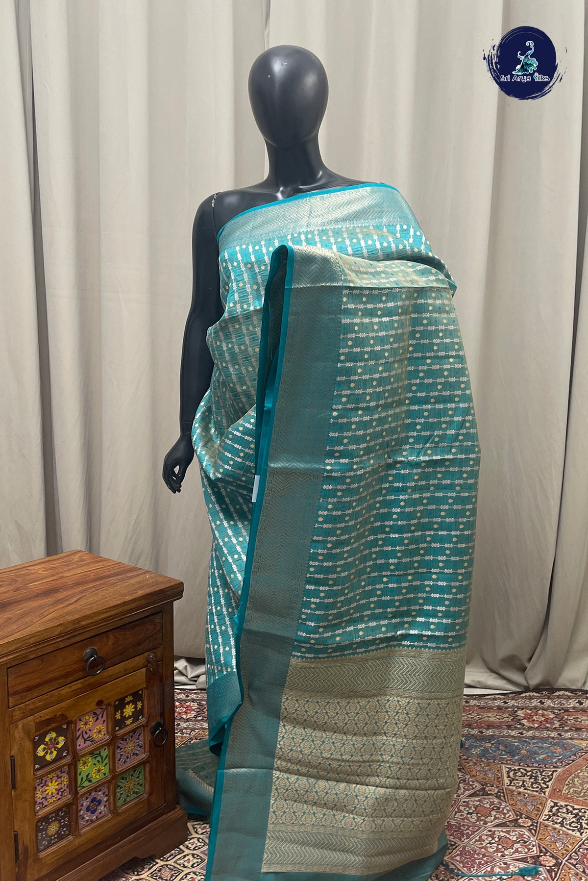 Teal Semi Tussar Saree With Stripes Pattern
