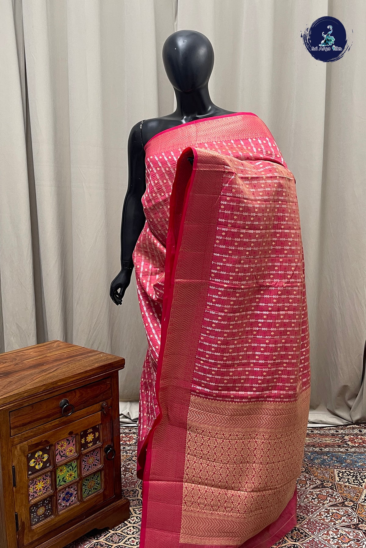 Pink Semi Tussar Saree With Stripes Pattern