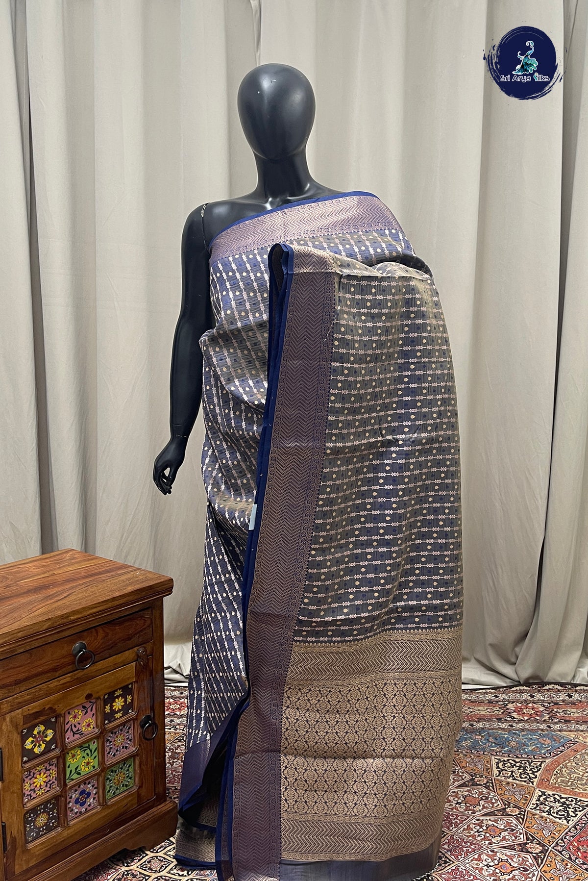 Blue Semi Tussar Saree With Stripes Pattern