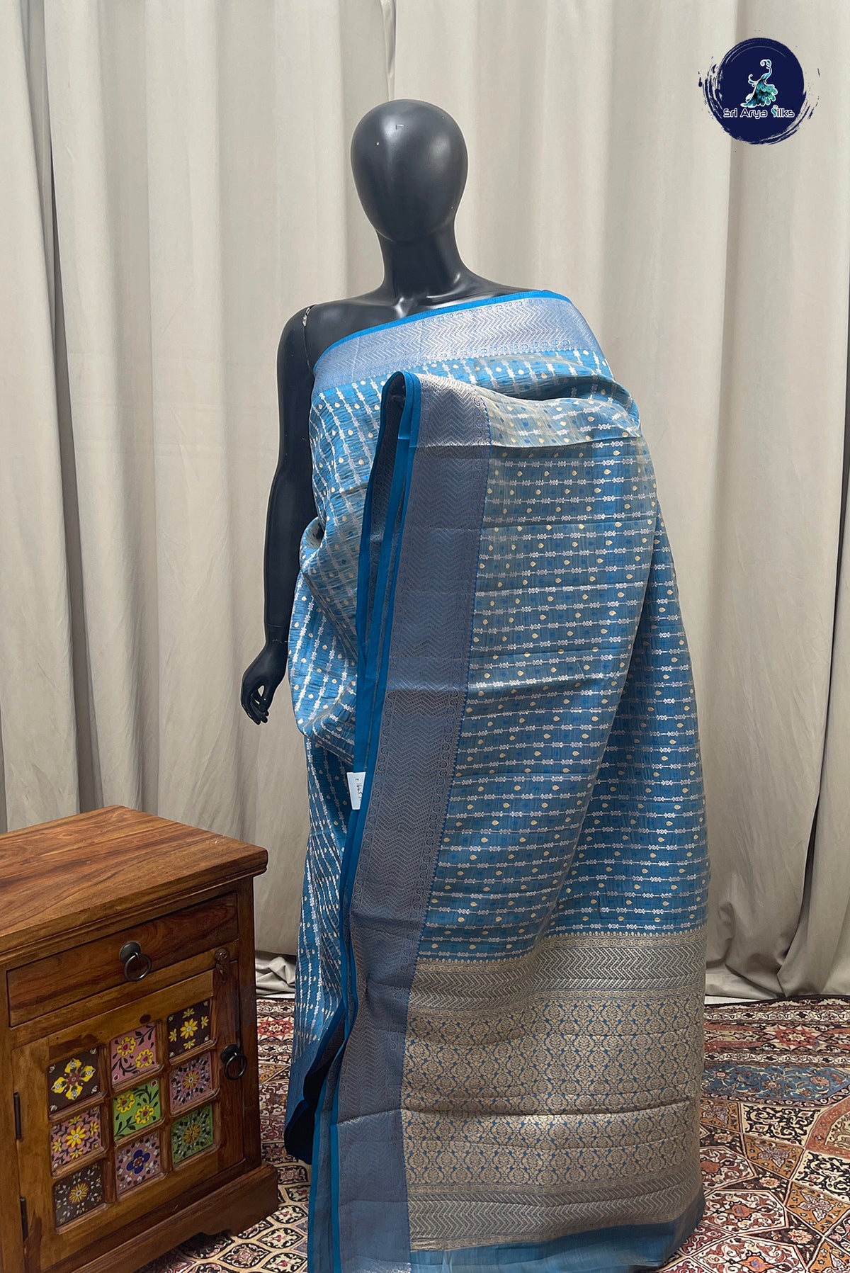 Blue Semi Tussar Saree With Stripes Pattern