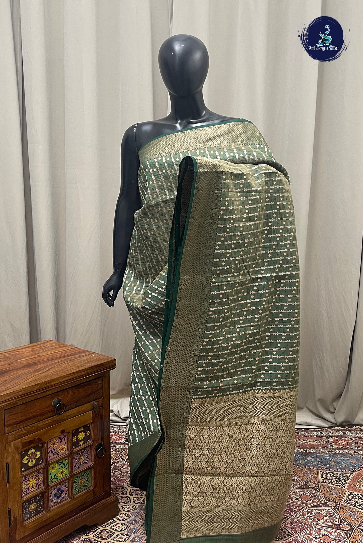 Dark Green Semi Tussar Saree With Stripes Pattern