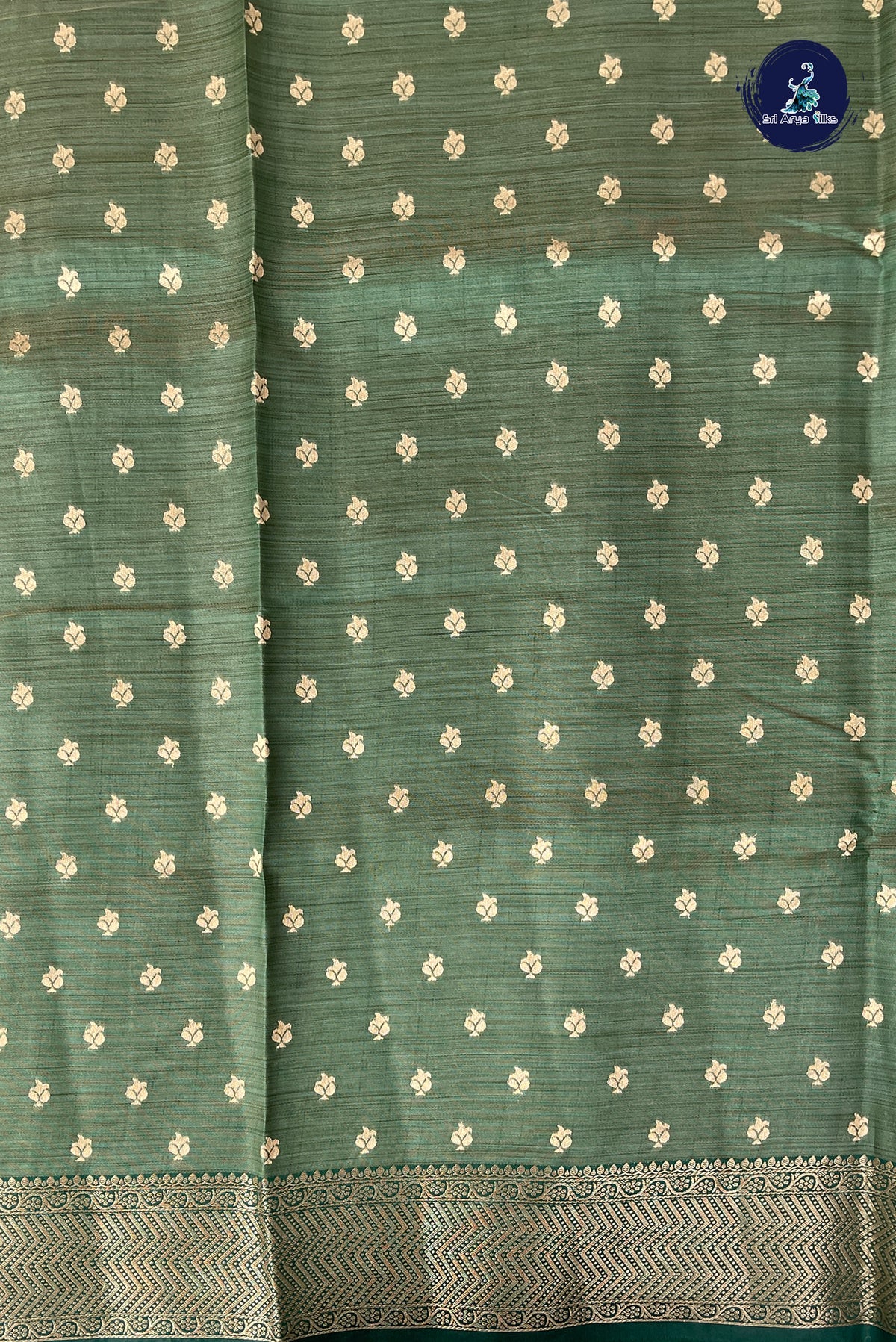 Dark Green Semi Tussar Saree With Stripes Pattern