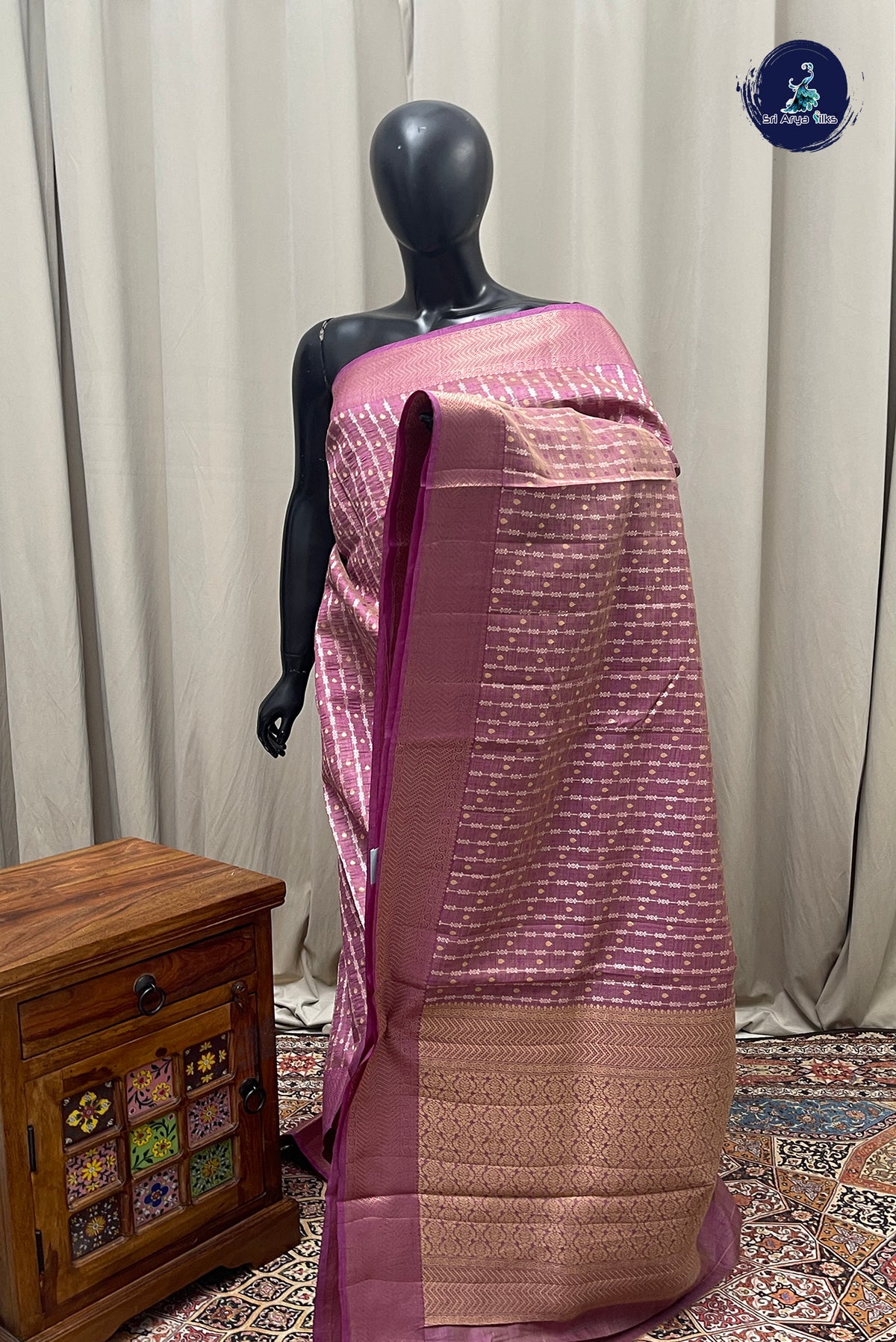 Onion Pink Semi Tussar Saree With Stripes Pattern