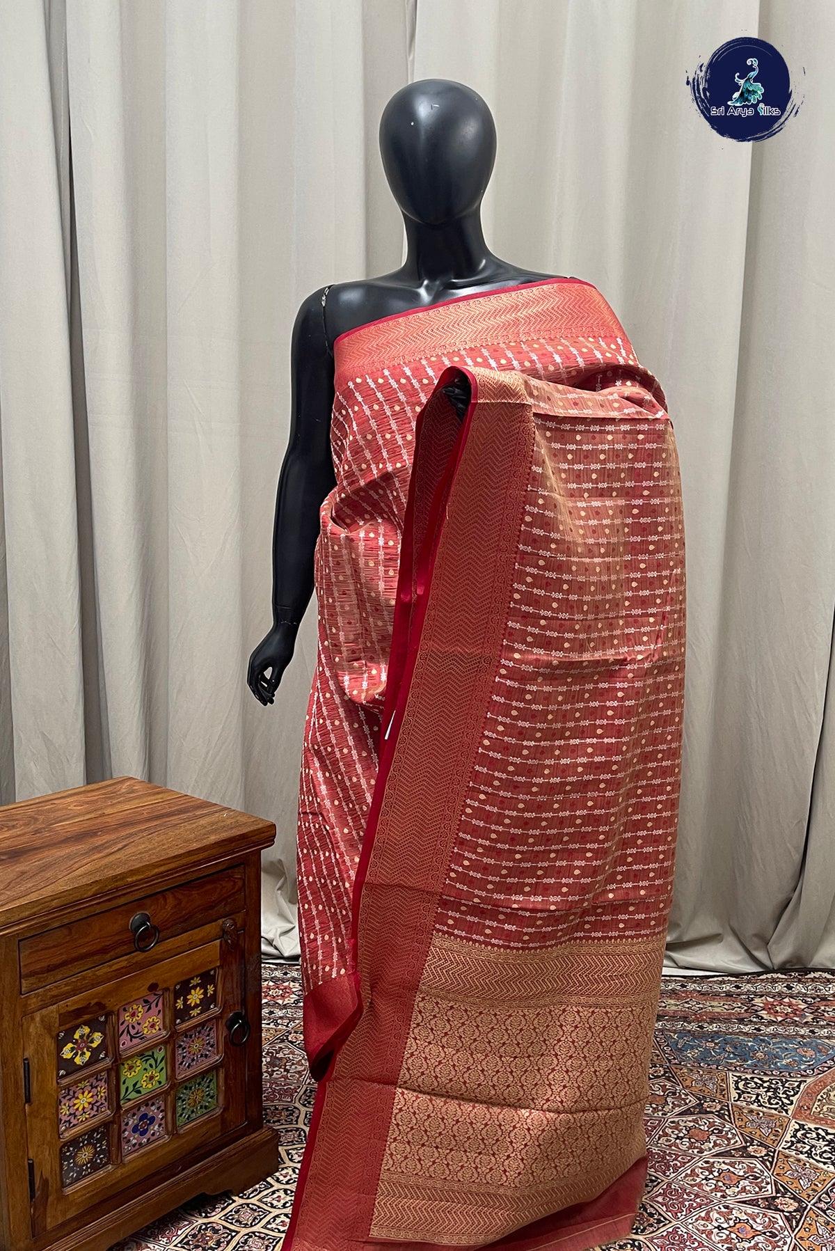 Red Semi Tussar Saree With Stripes Pattern