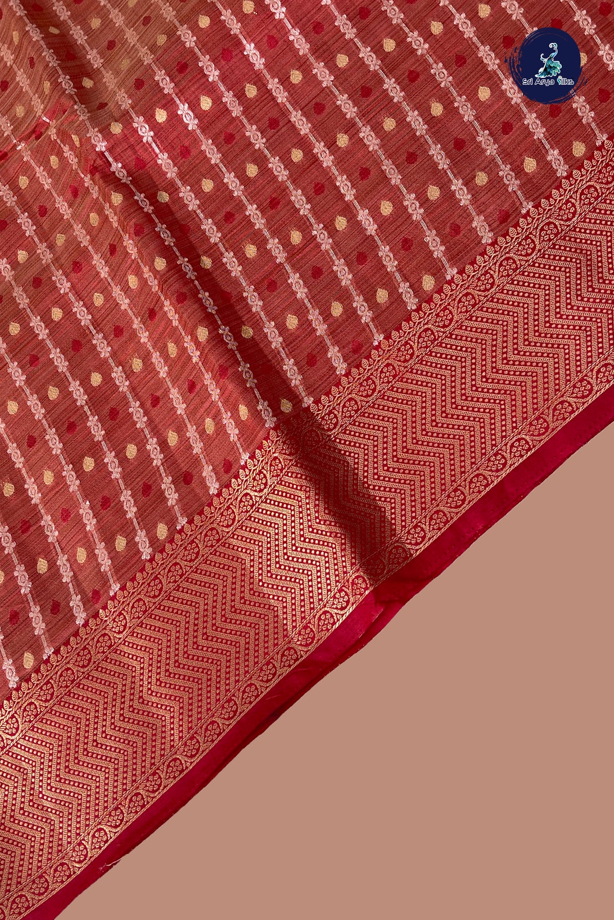 Red Semi Tussar Saree With Stripes Pattern