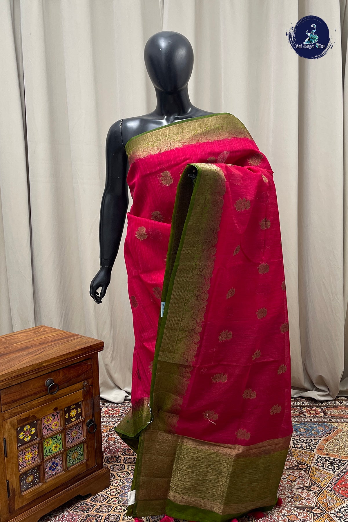 Dark Pink Raw Silk Saree With Zari Buttas Pattern