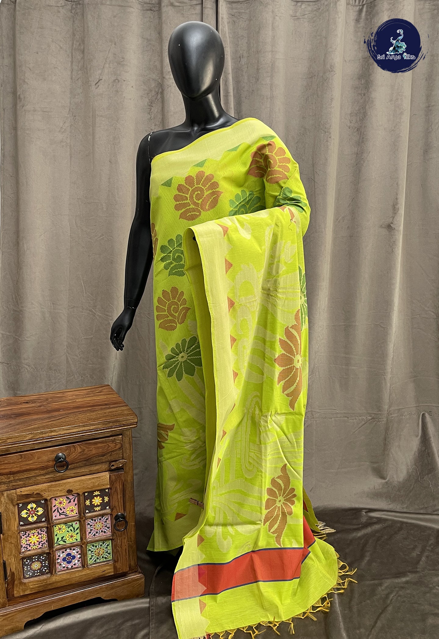 Lime Green Semi Silk Cotton Saree