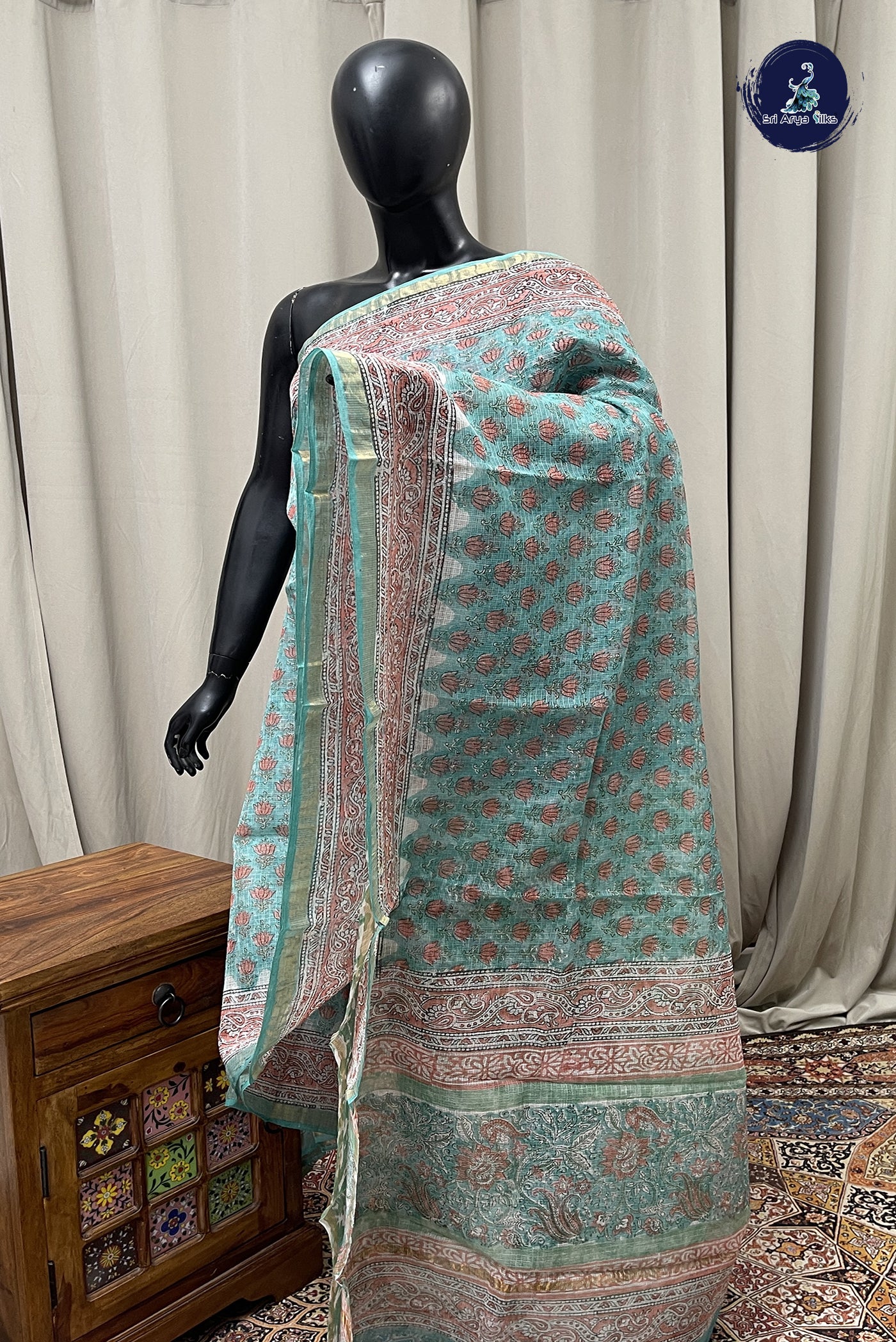 Turquoise Cotton Saree With Printed Pattern
