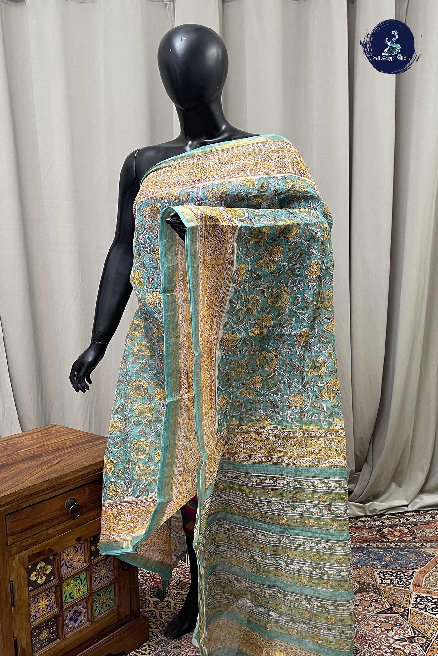 Turquoise Cotton Saree With Printed Pattern