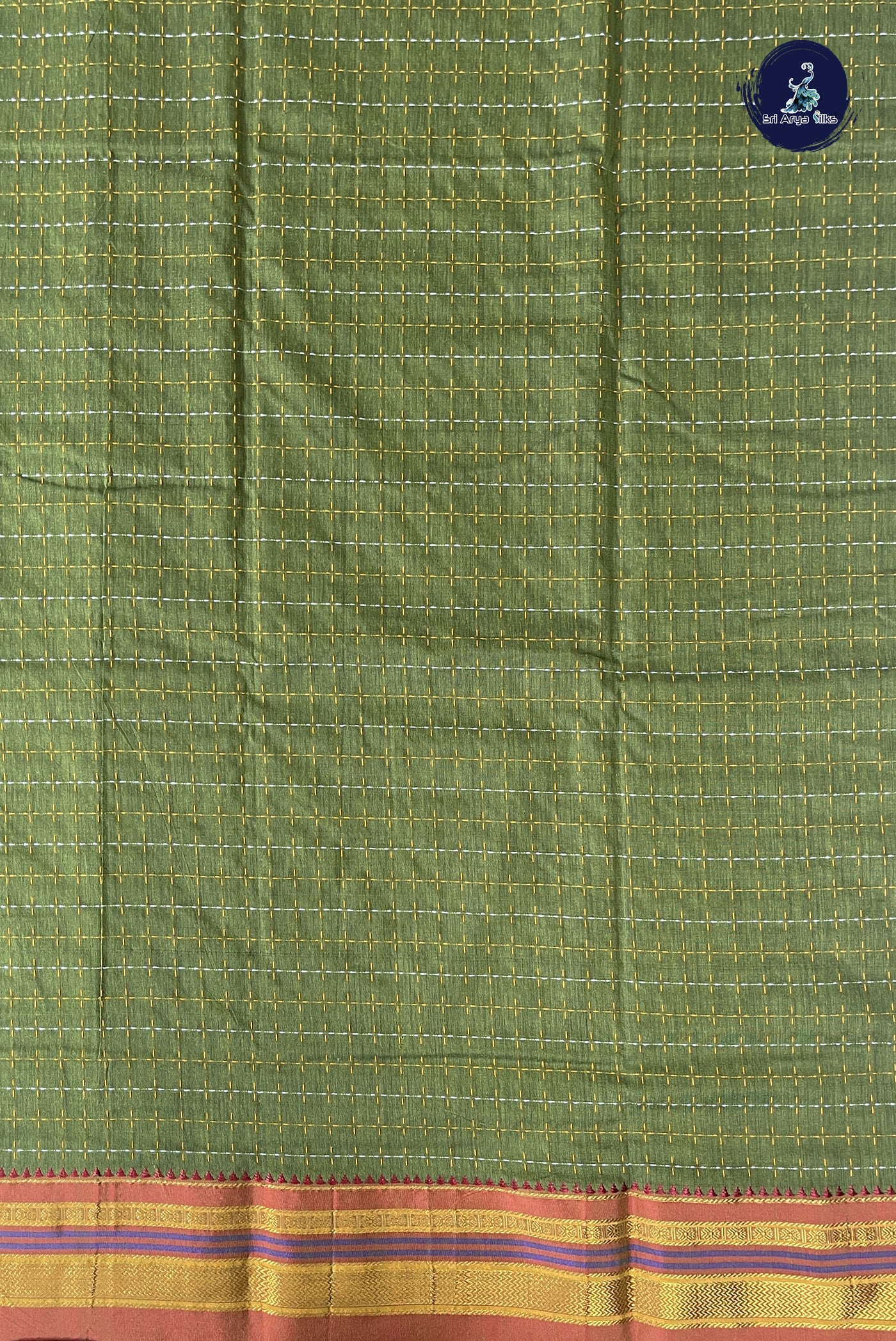 Mehendi Green Cotton Saree With Thread Work Pattern