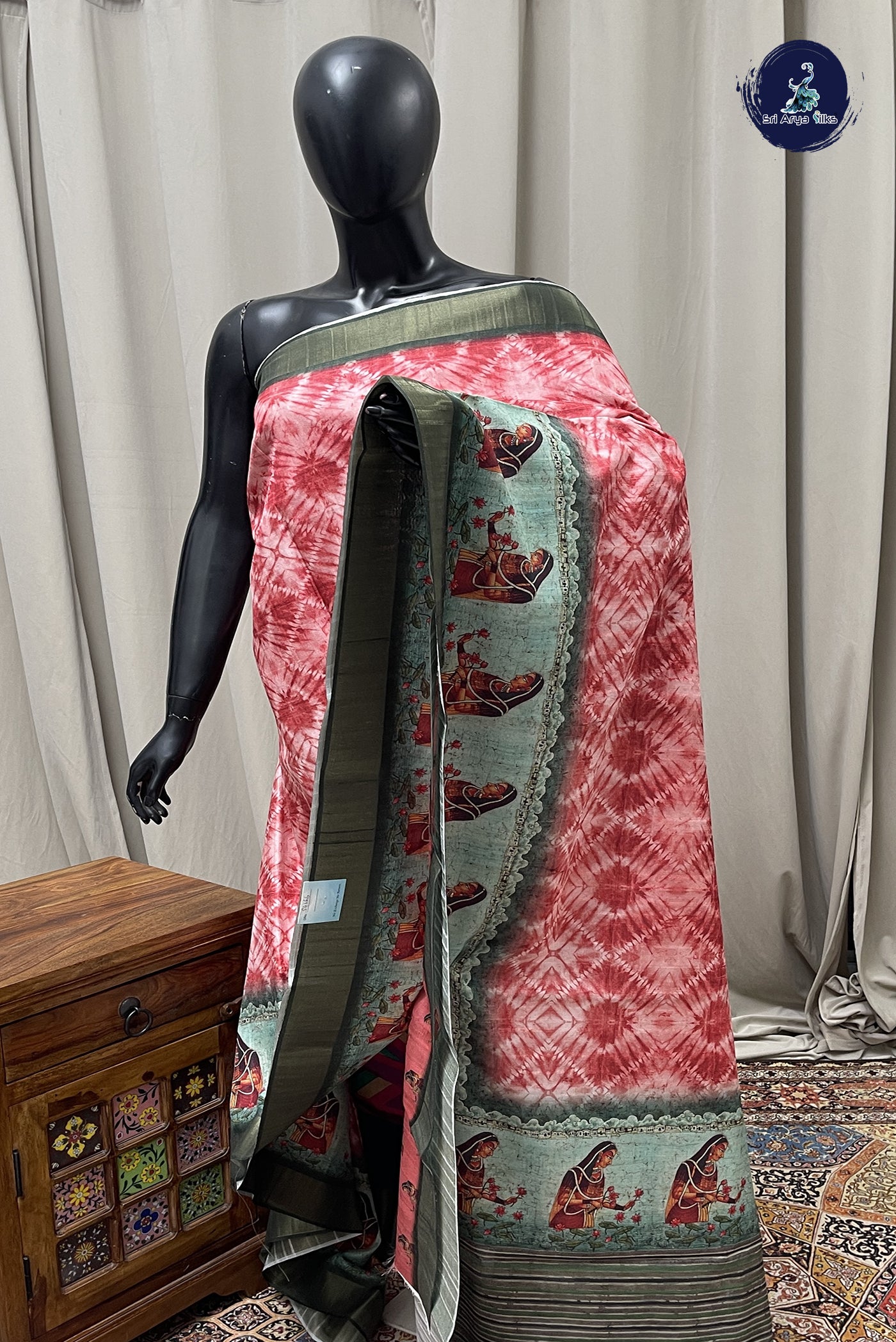 Reddish Orange Semi Tussar Saree With Printed Pattern