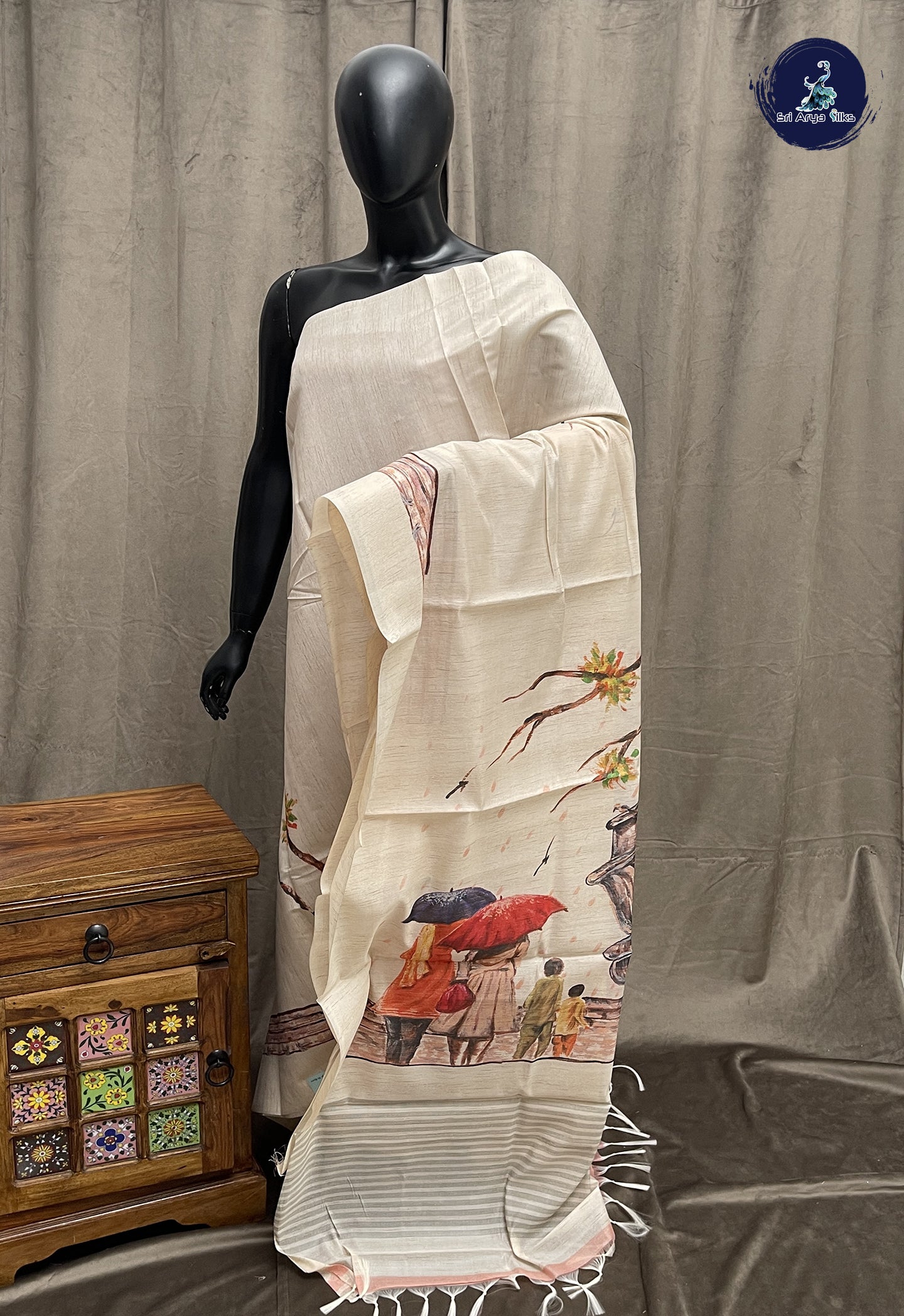 Ivory Raw Silk Saree With Printed Pattern