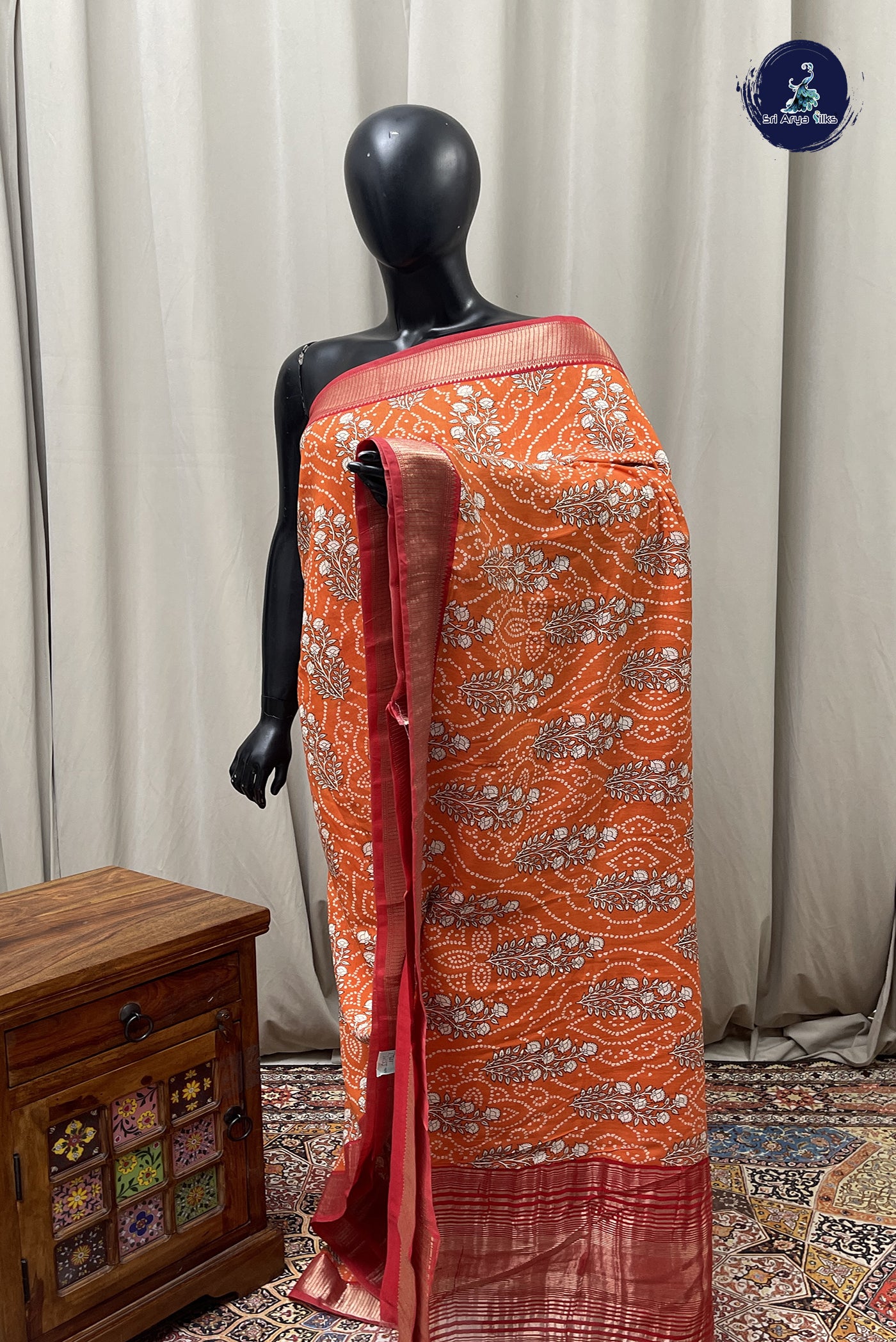 Orange Semi Printed Silk Saree With Floral Print Pattern