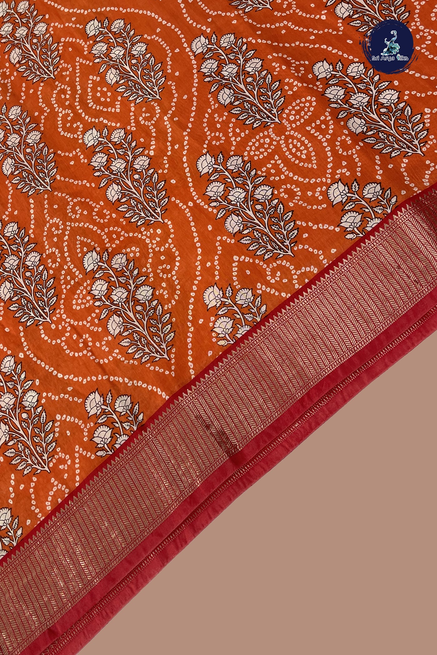Orange Semi Printed Silk Saree With Floral Print Pattern