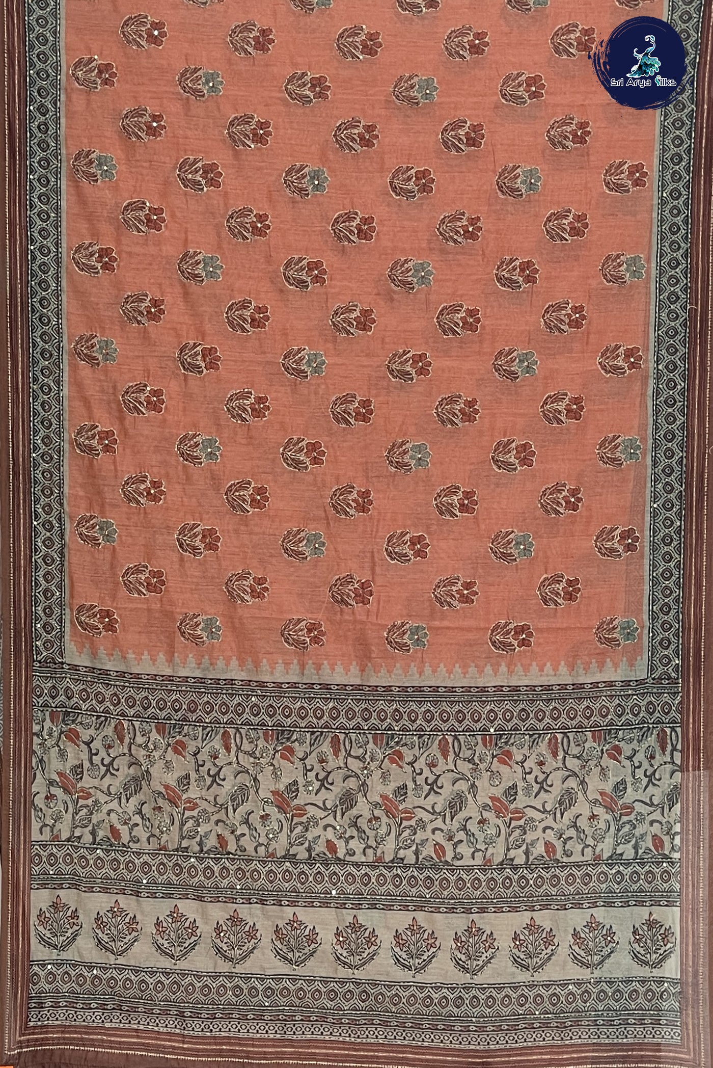 Peach Tussar Saree With Kantha Work Pattern