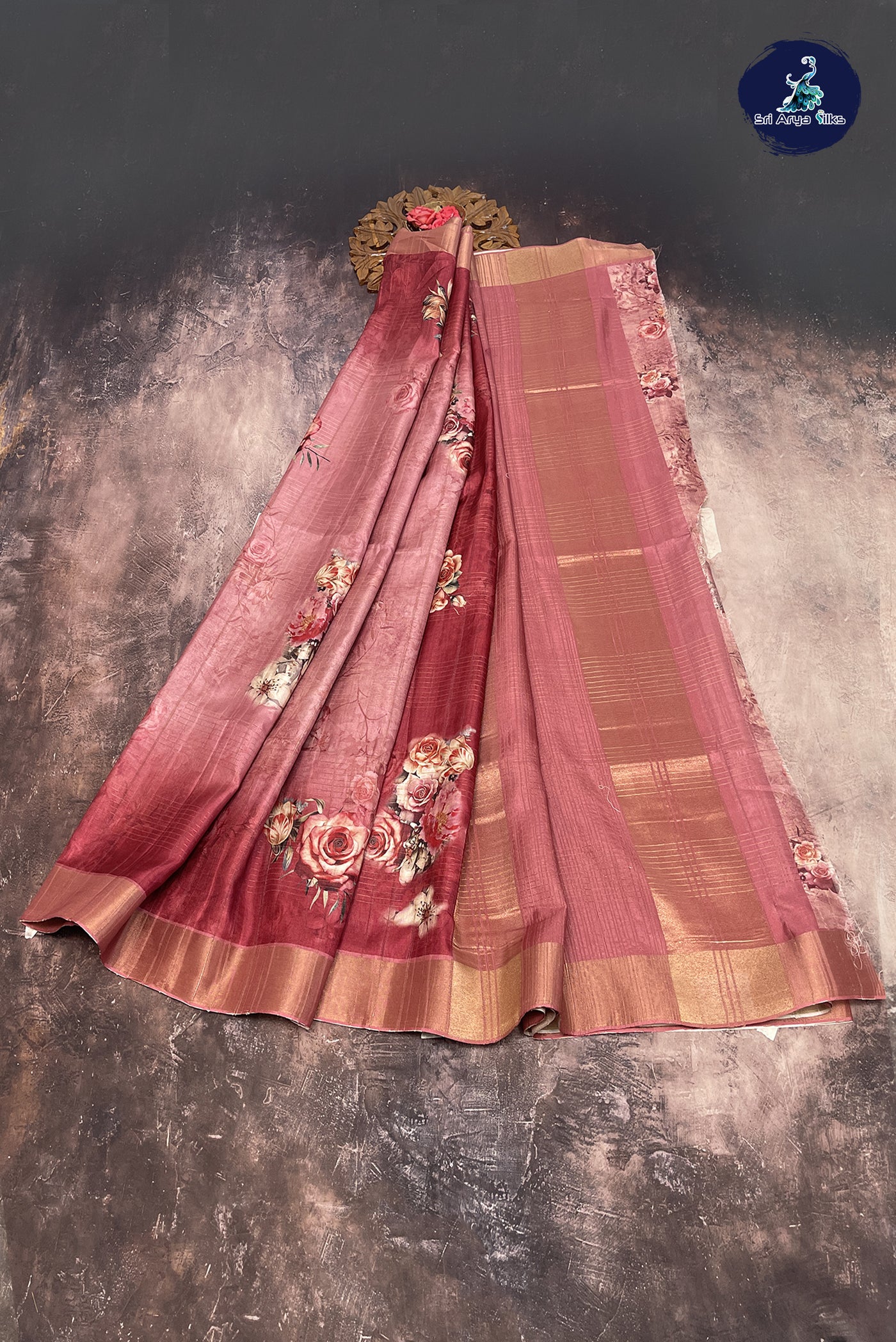 Dusty Pink Matka Silk With Printed Pattern