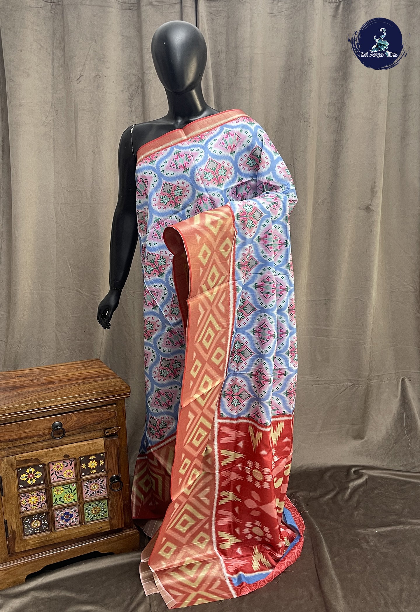 Light Blue Semi Tussar Saree With Patola Pattern