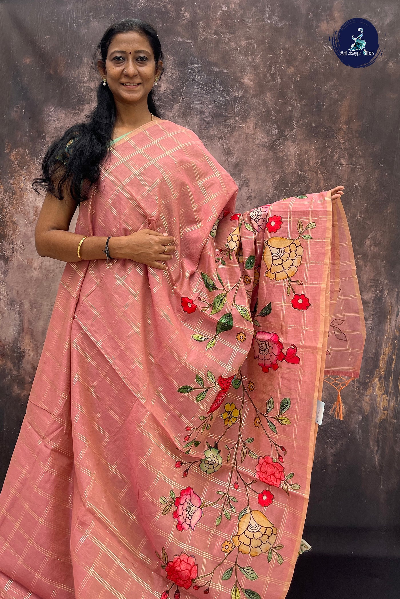 Peach Raw Silk Saree With Kalamkari Pattern