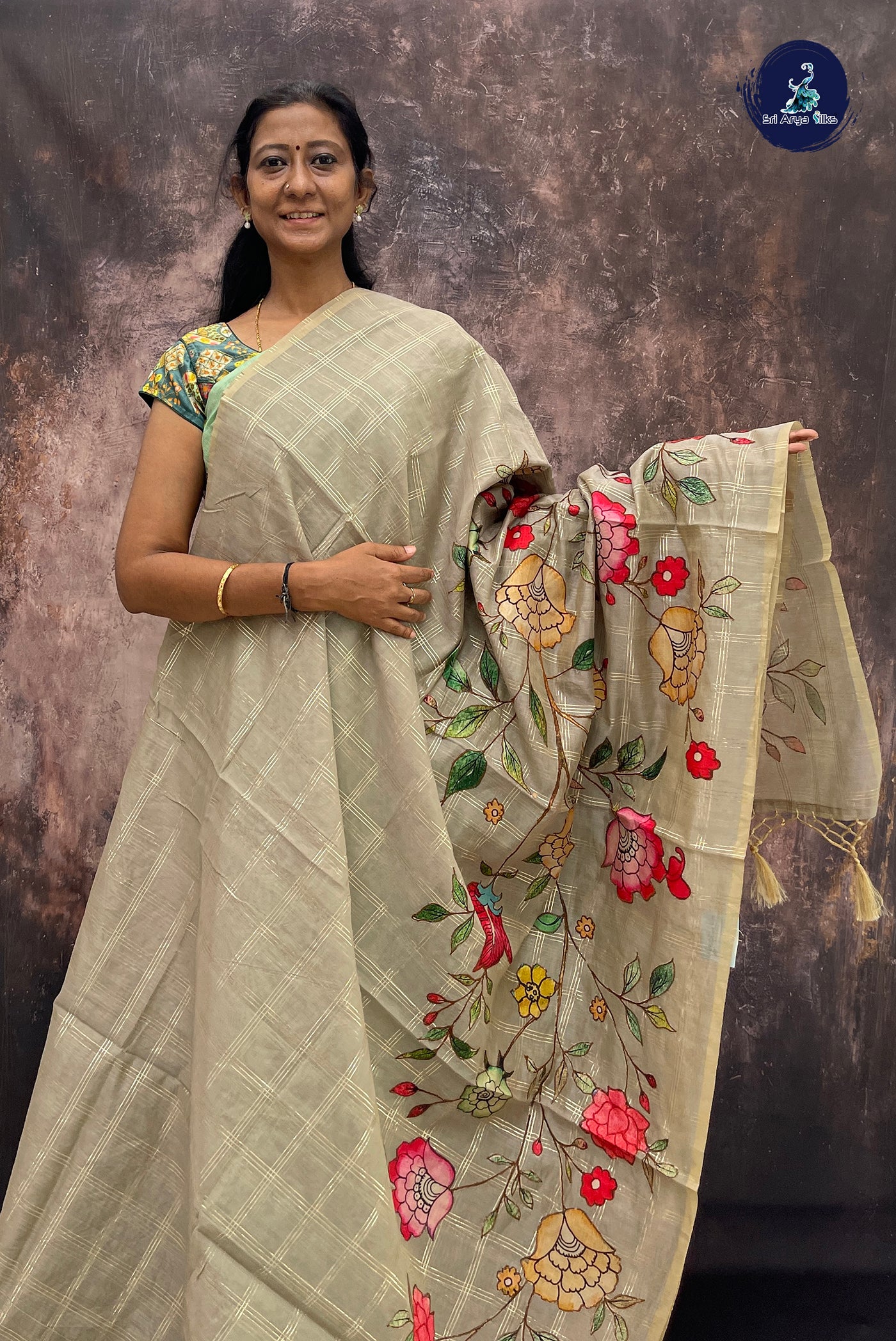 Greyish Green Raw Silk Saree With Kalamkari Pattern