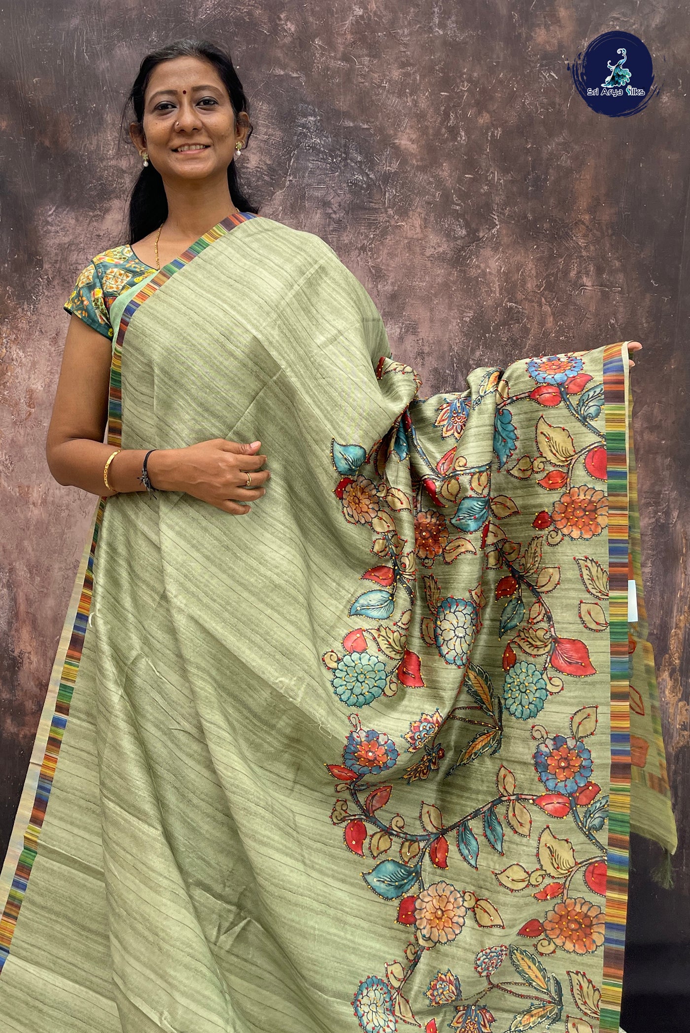 Elaichi Green Tussar Saree With Kalamkari Pattern