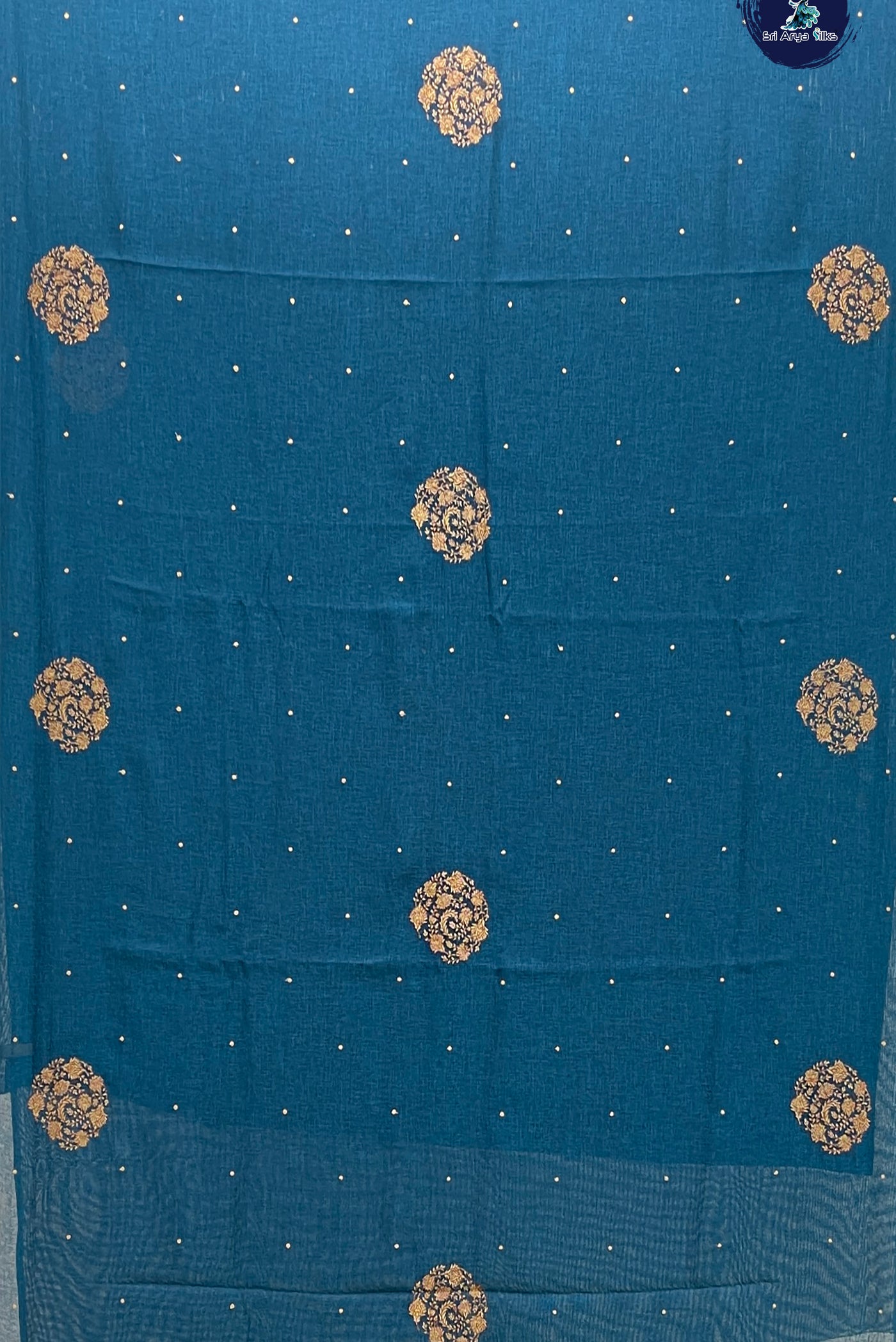 Teal Blue Jute Saree With Embroidery Pattern