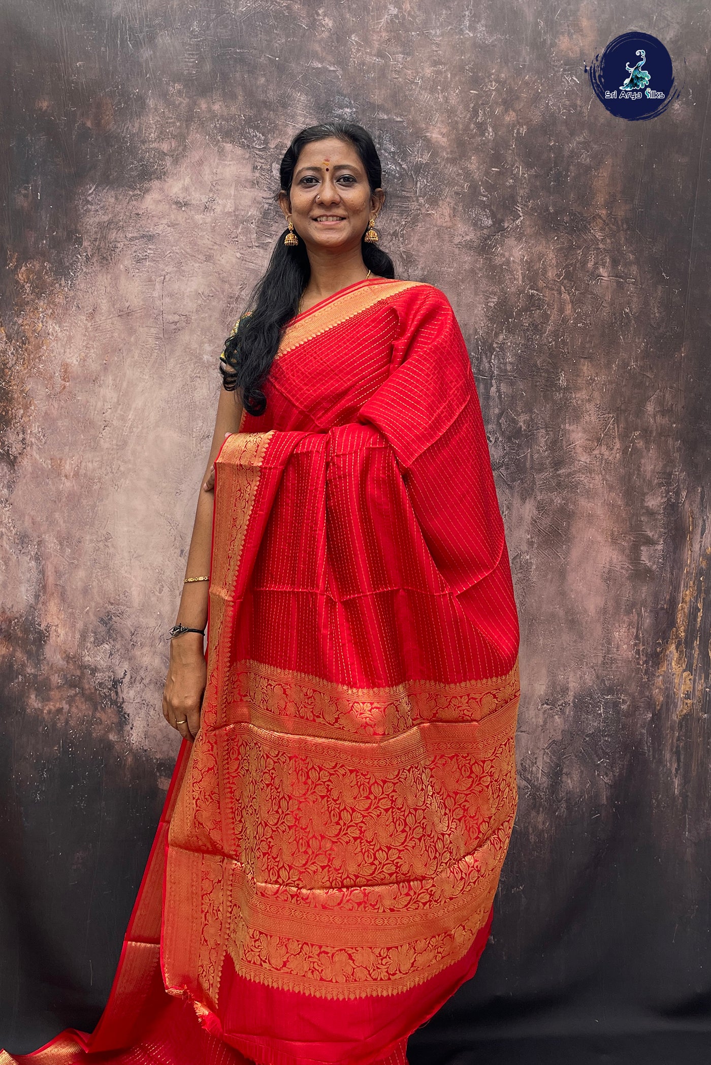 Bright Red Banarasi Saree With Stripes Pattern
