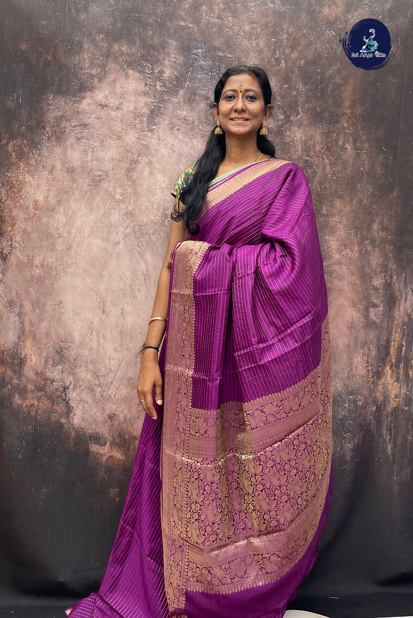 Purple Banarasi Saree With Stripes Pattern