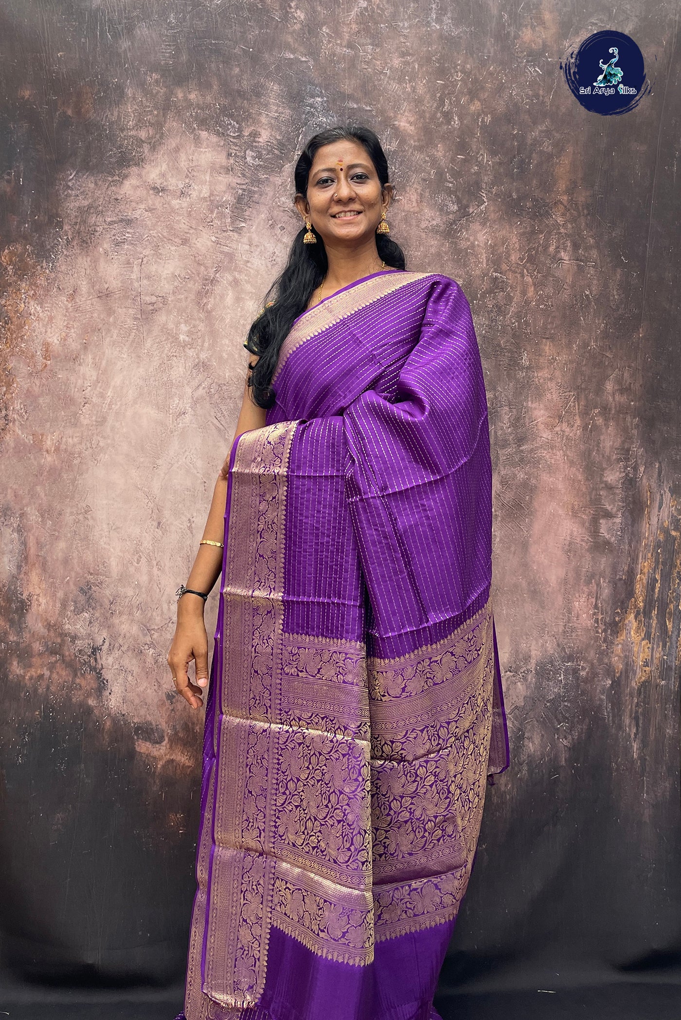 Violet Banarasi Saree With Stripes Pattern