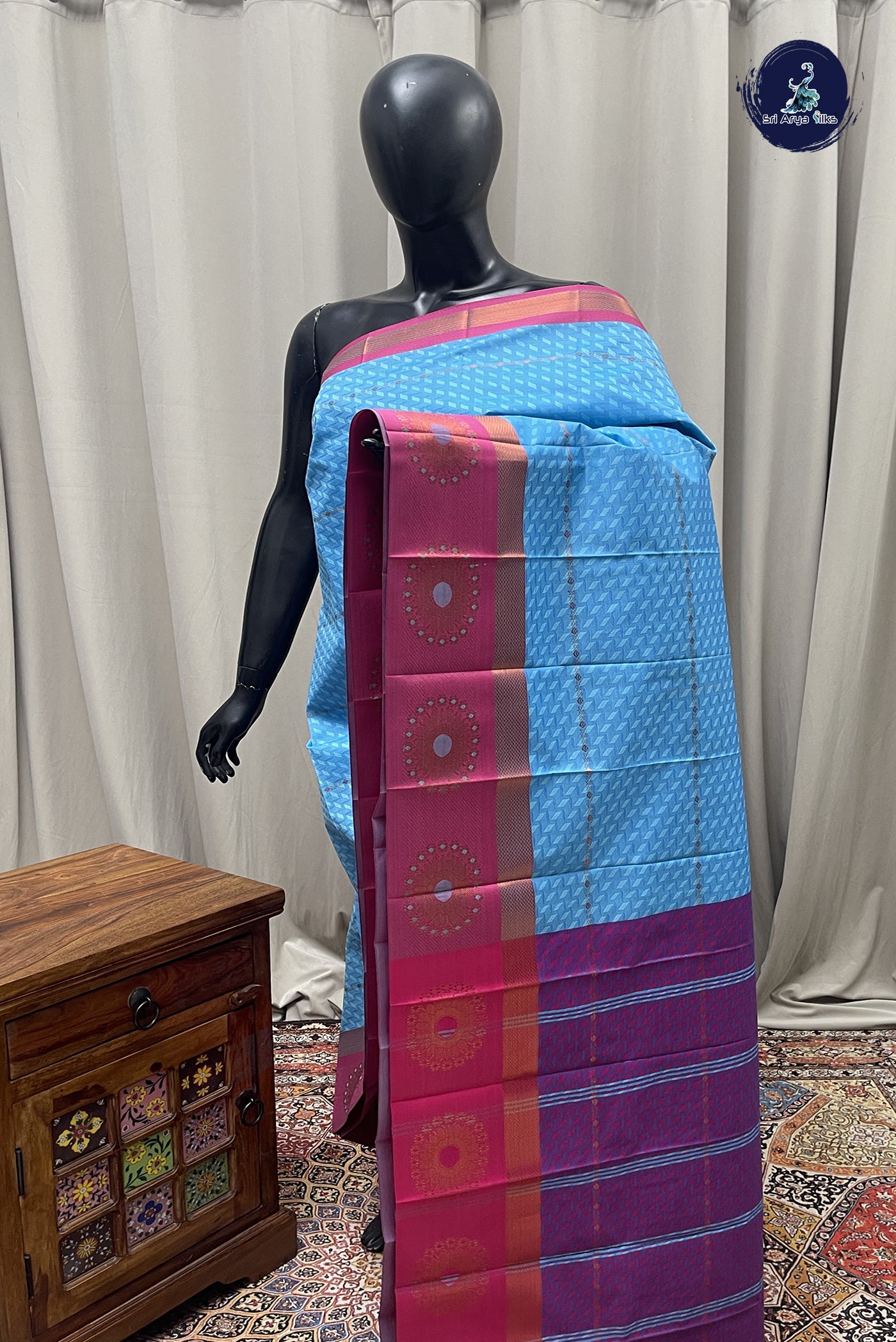 Blue Semi Silk Cotton Saree With Embossed  Pattern
