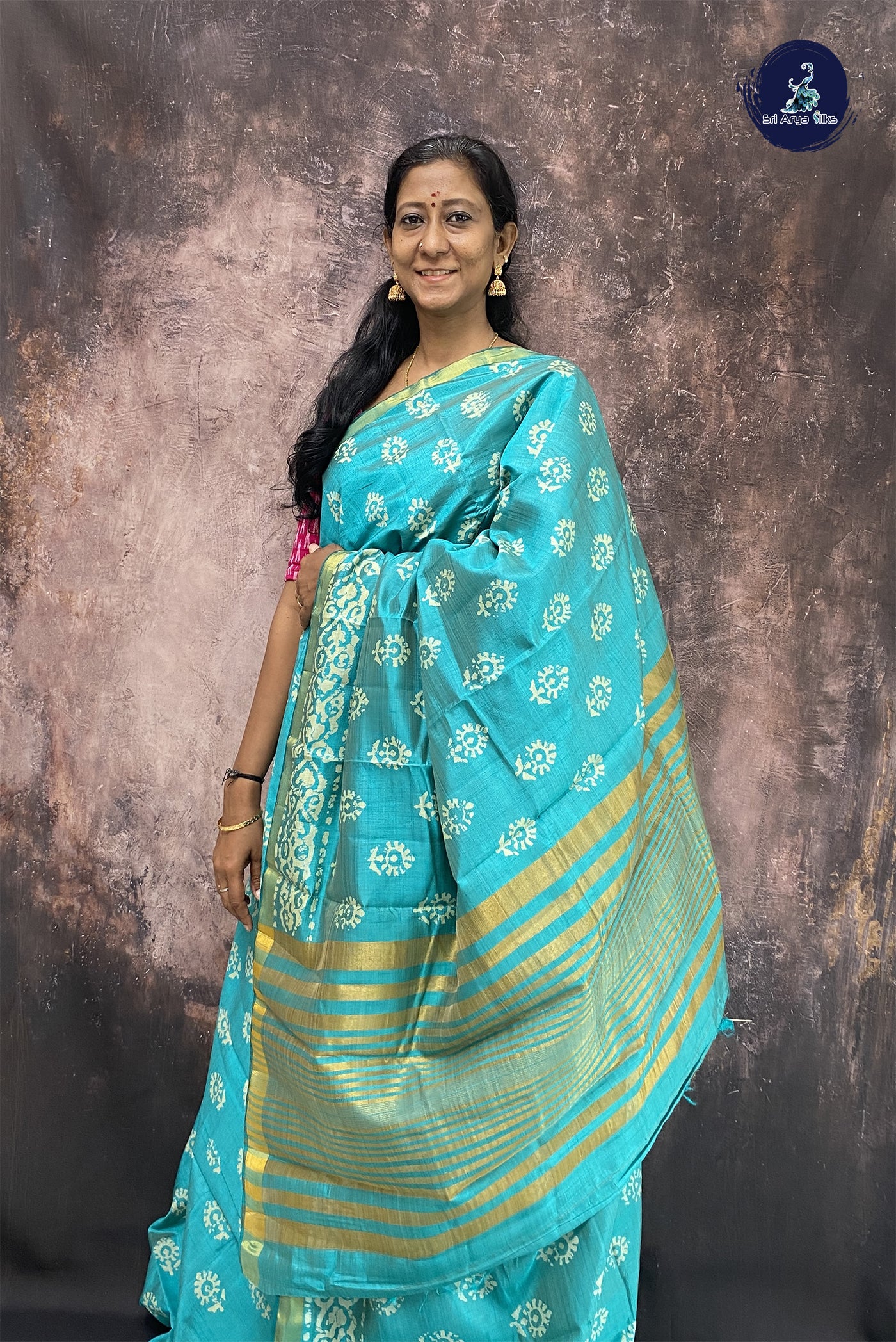 Turquoise Semi Tussar Saree With Printed Pattern