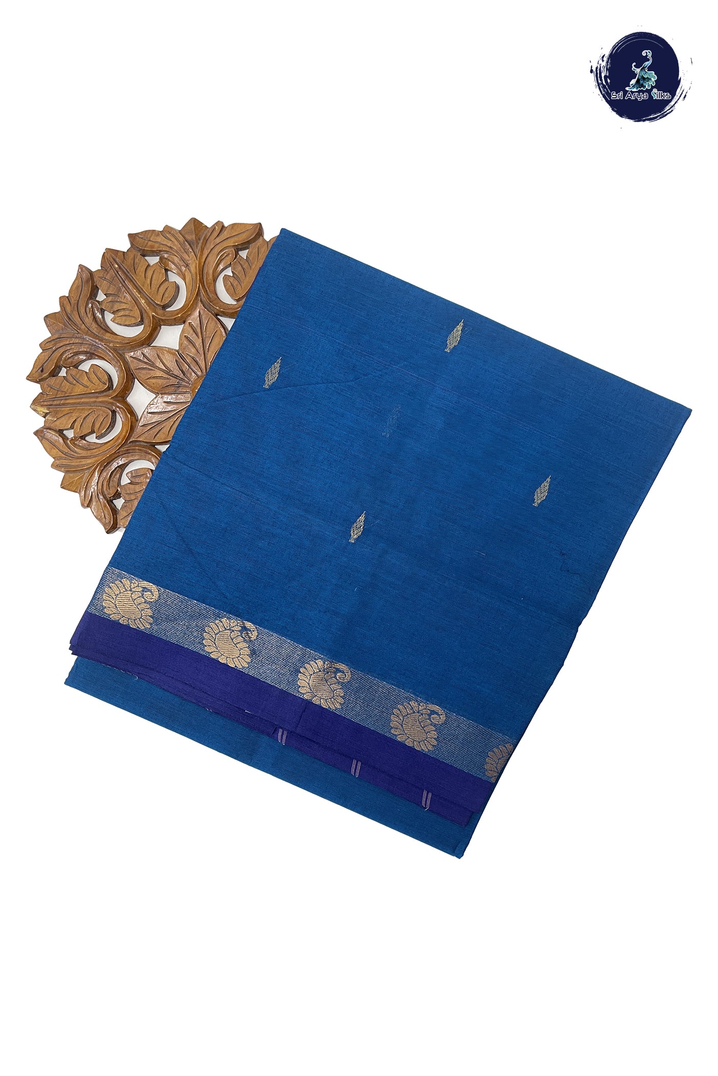 Blue Cotton Saree With Zari Buttas Pattern