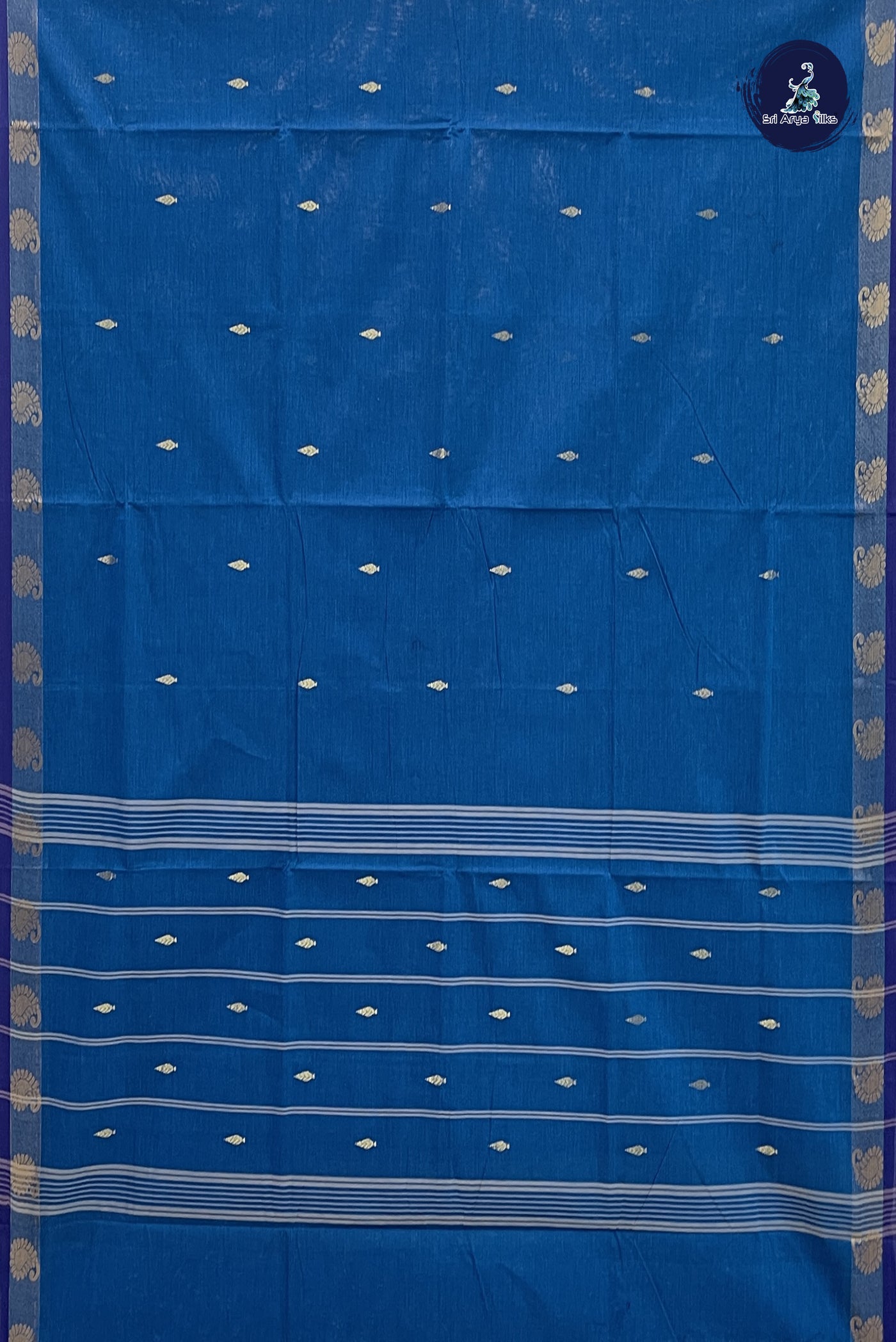 Blue Cotton Saree With Zari Buttas Pattern