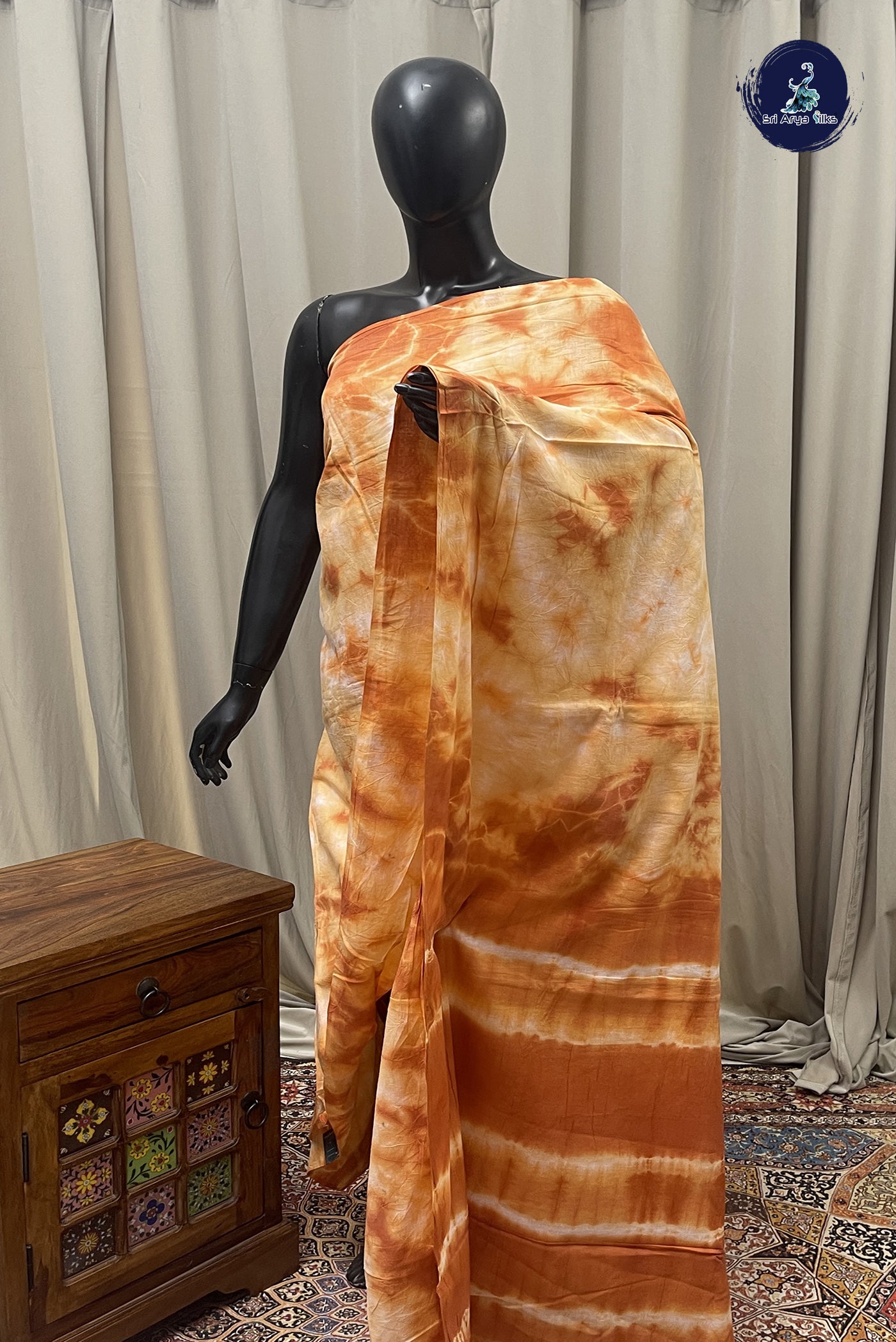 Orange Cotton Saree With Shibori Print Pattern