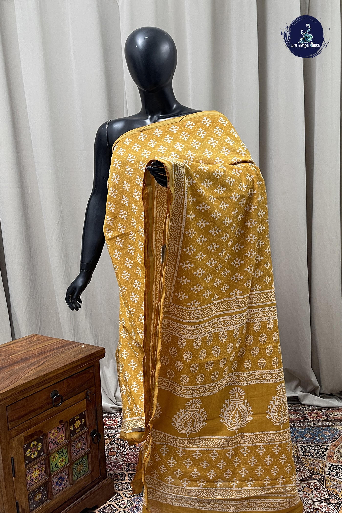 Mustard Yellow Cotton Saree With Bagru Print Pattern