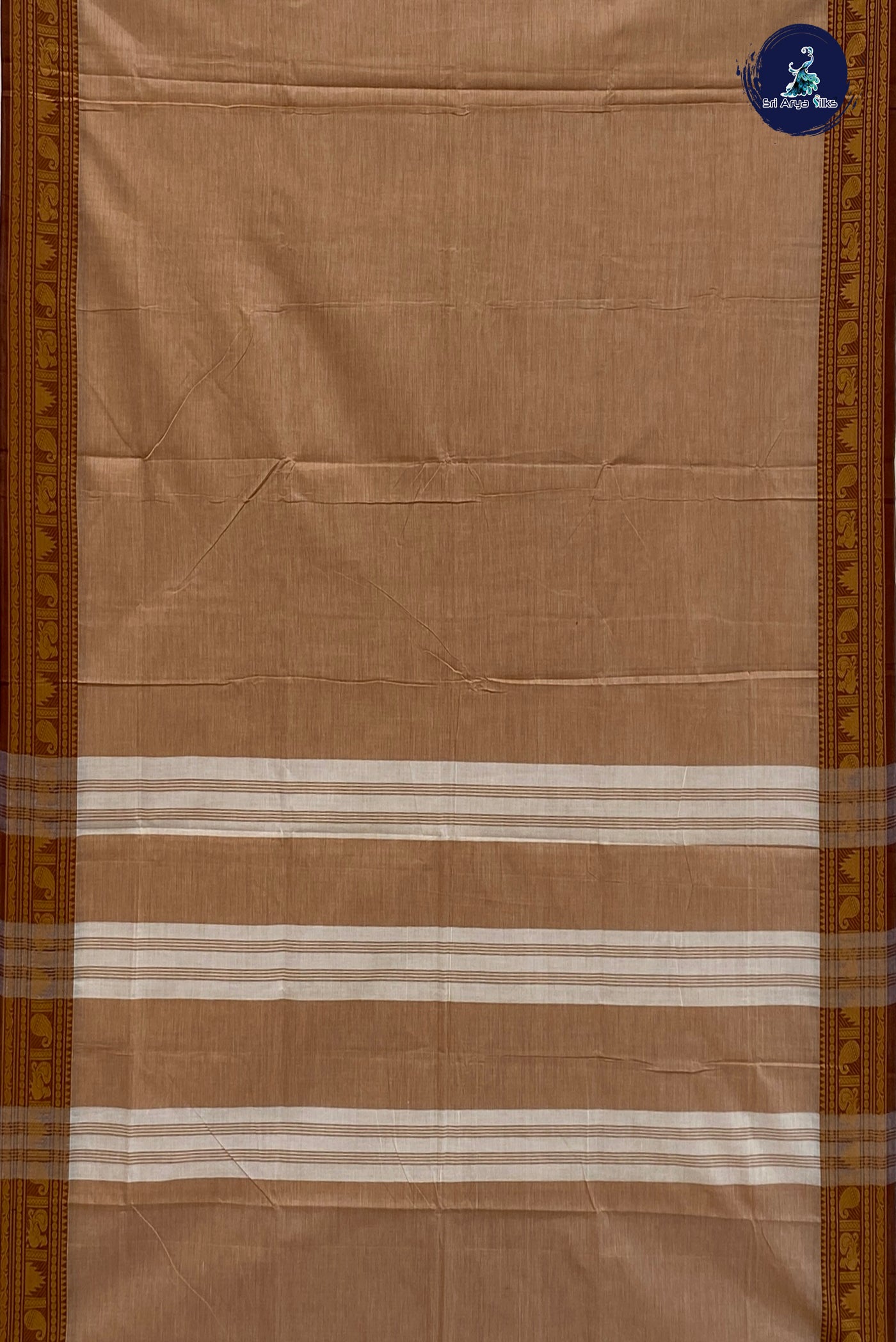 Beige Cotton Saree With Plain Pattern