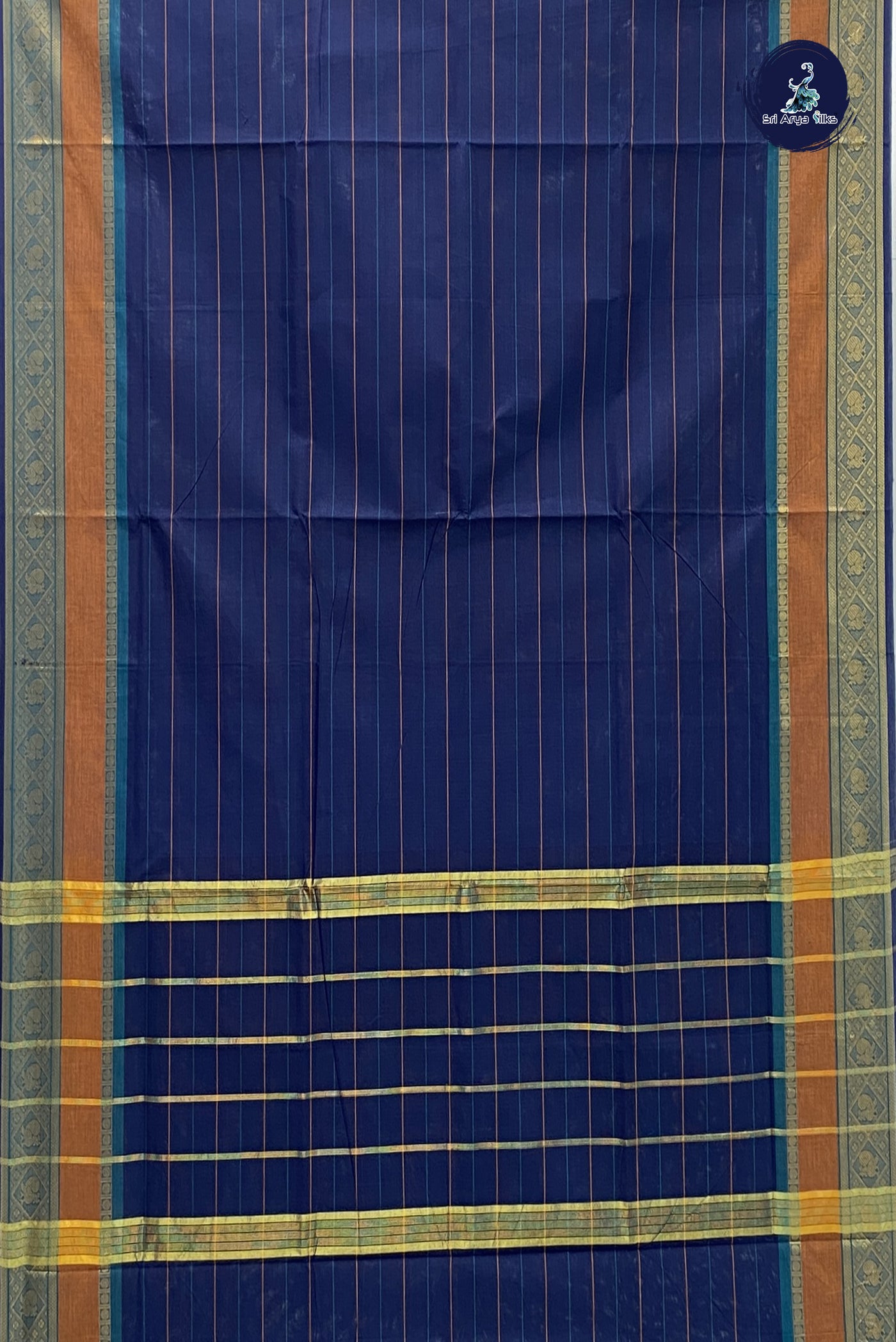 Navy Blue Cotton Saree With Stripes Pattern