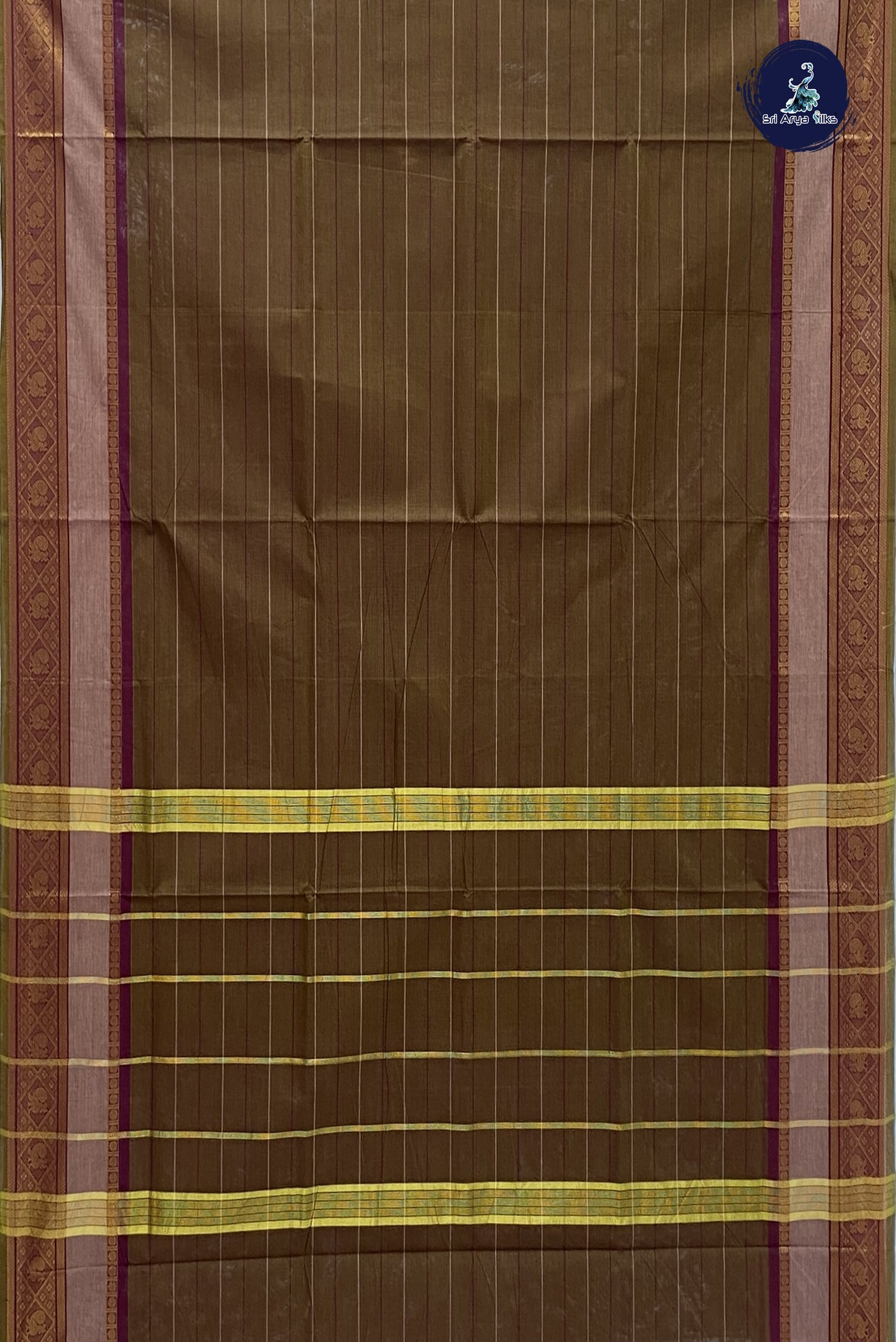 Dual Tone Mehendi Green Cotton Saree With Stripes Pattern