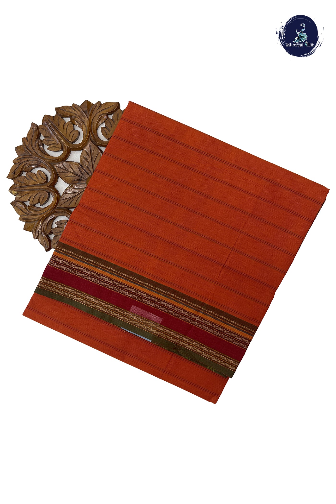 Brick Orange Cotton Saree With Stripes Pattern