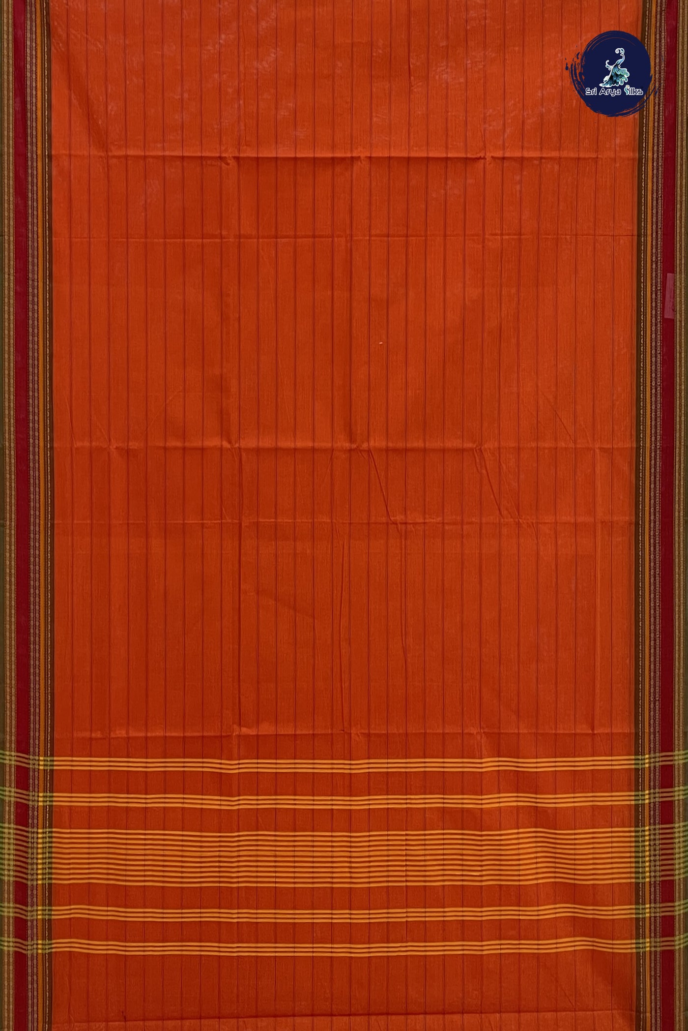 Brick Orange Cotton Saree With Stripes Pattern