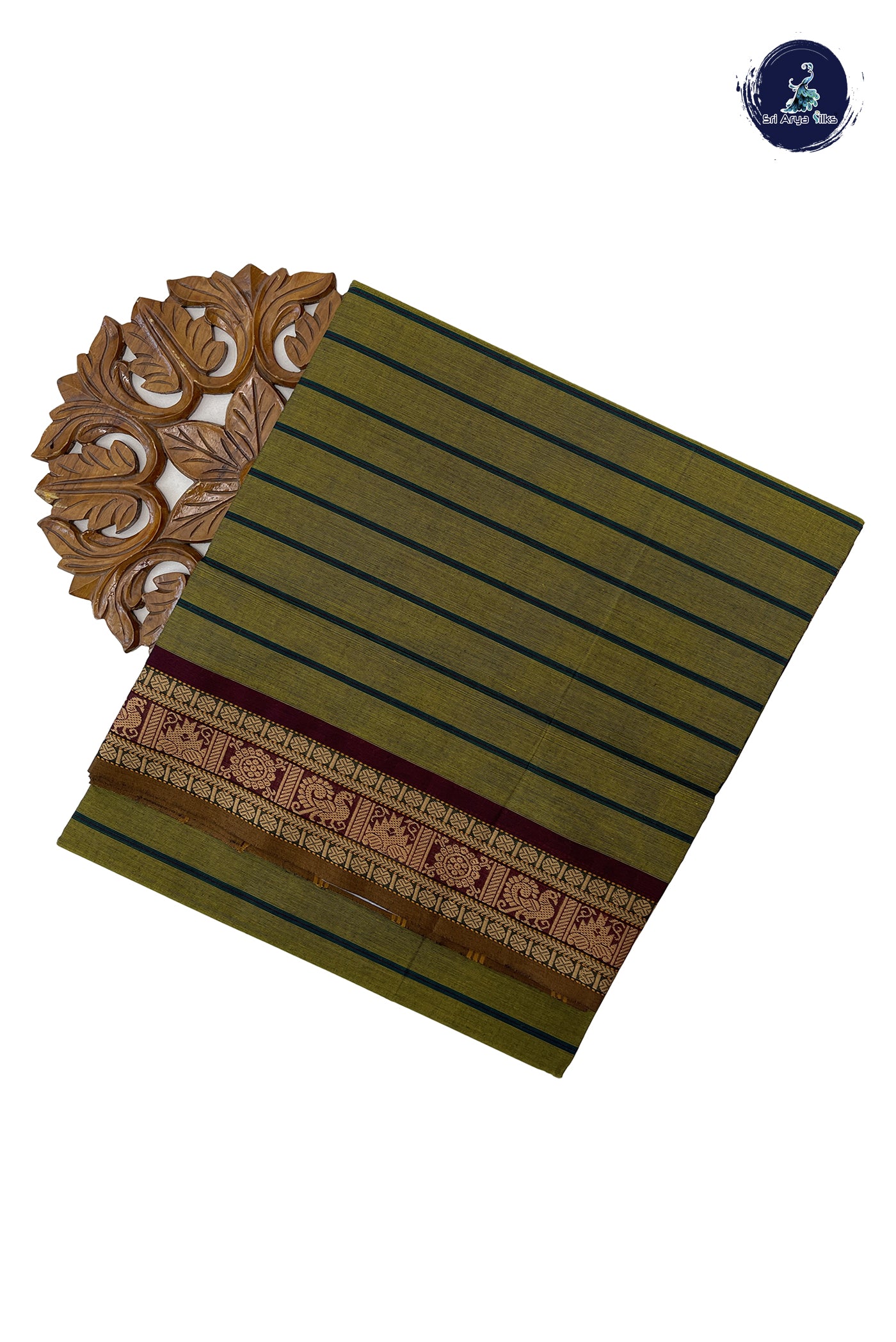 Mehendi Green Cotton Saree With Stripes Pattern