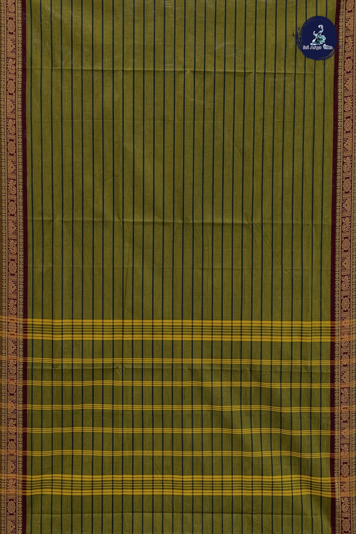 Mehendi Green Cotton Saree With Stripes Pattern