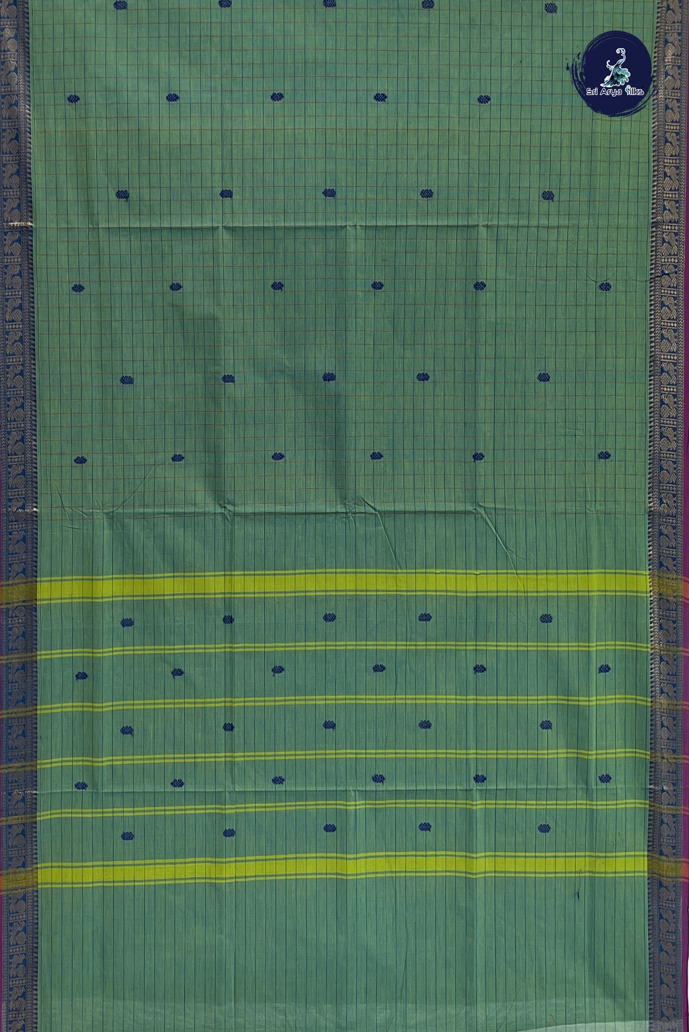 Bluish Green Cotton Saree With Checked Pattern