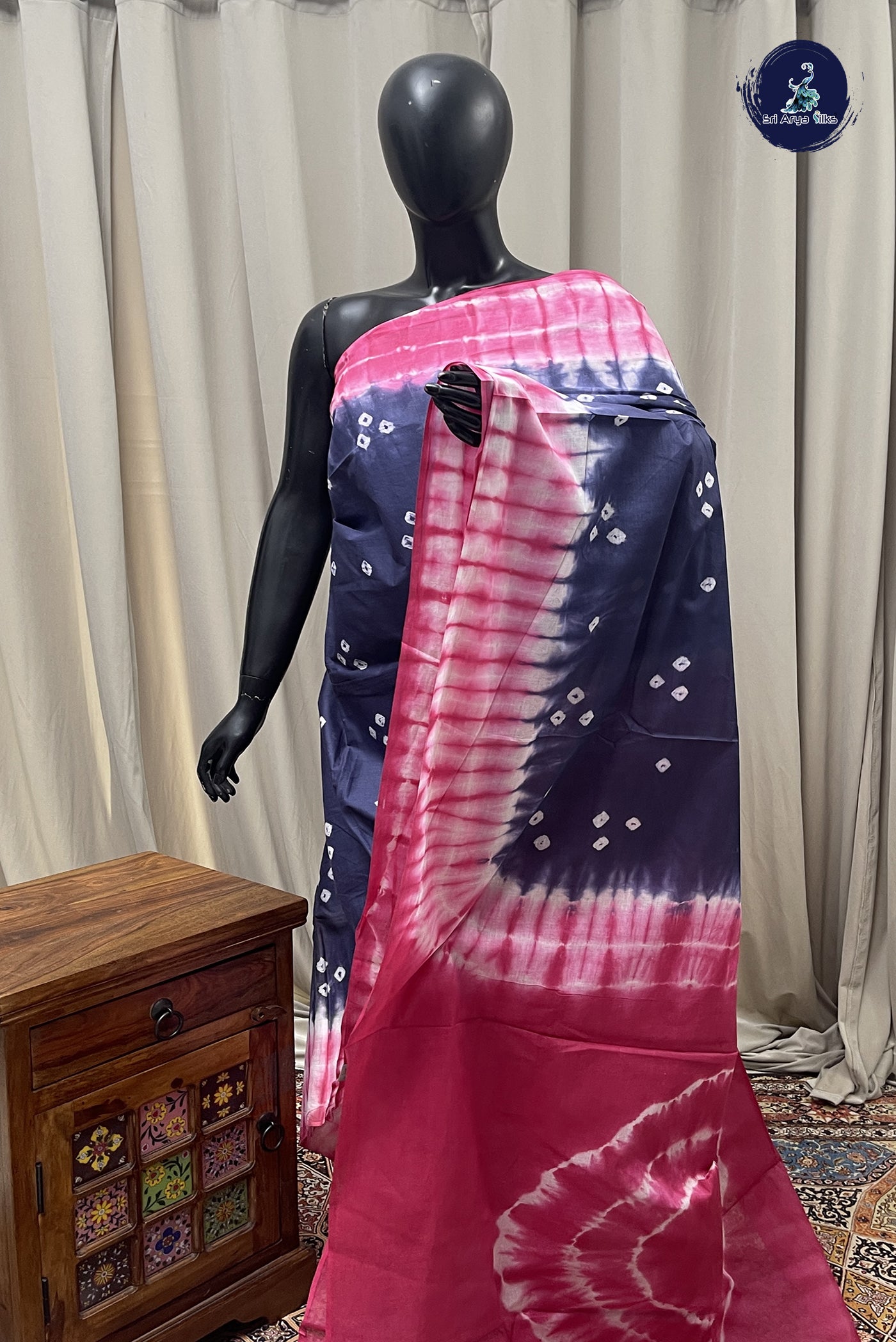 Blue Cotton Saree With  Bhandini Print Pattern