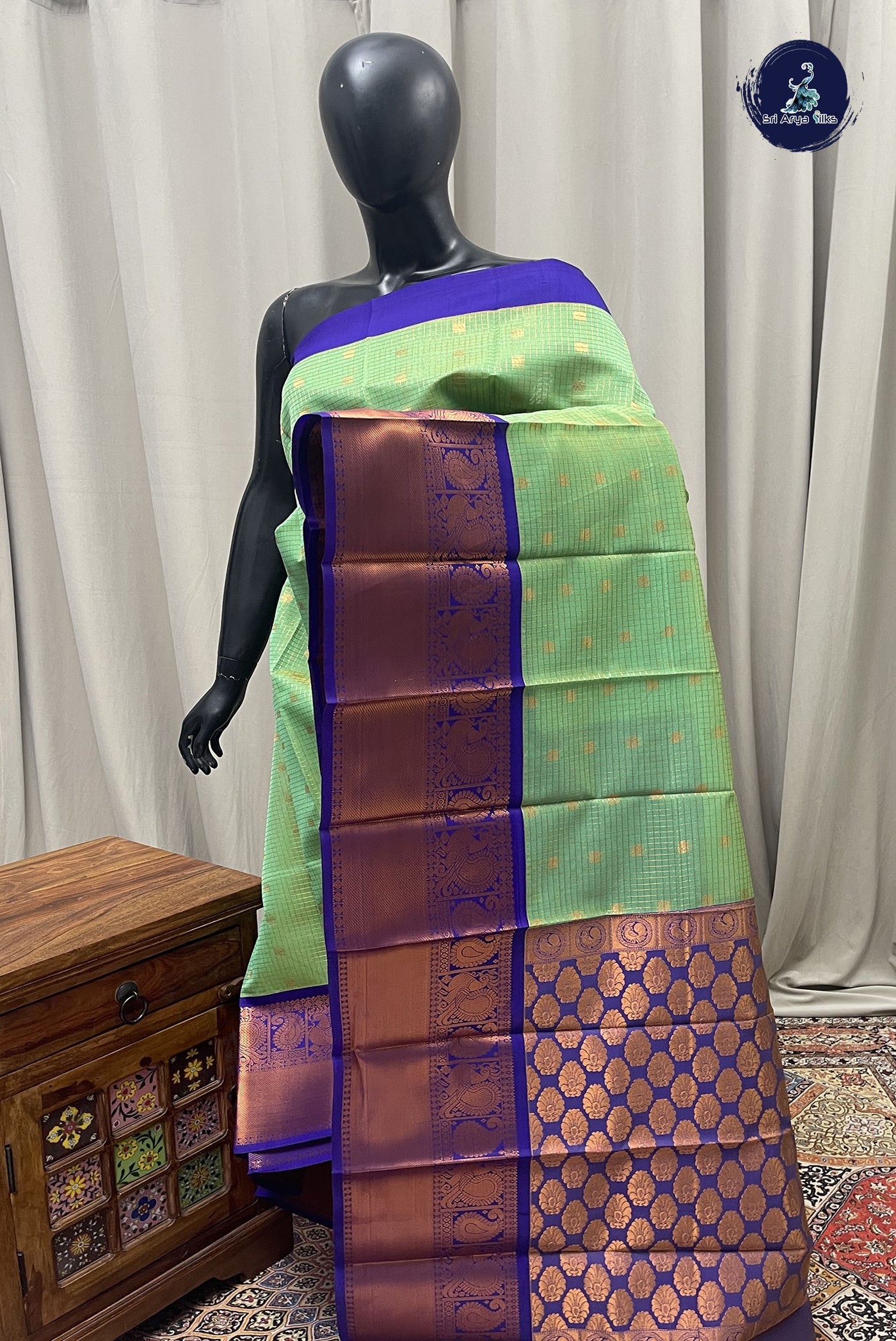 Green Semi Silk Cotton saree  With Zari Checked Pattern