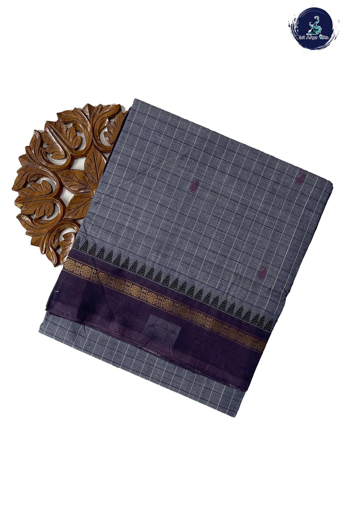 Grey Cotton Saree With Checked Pattern
