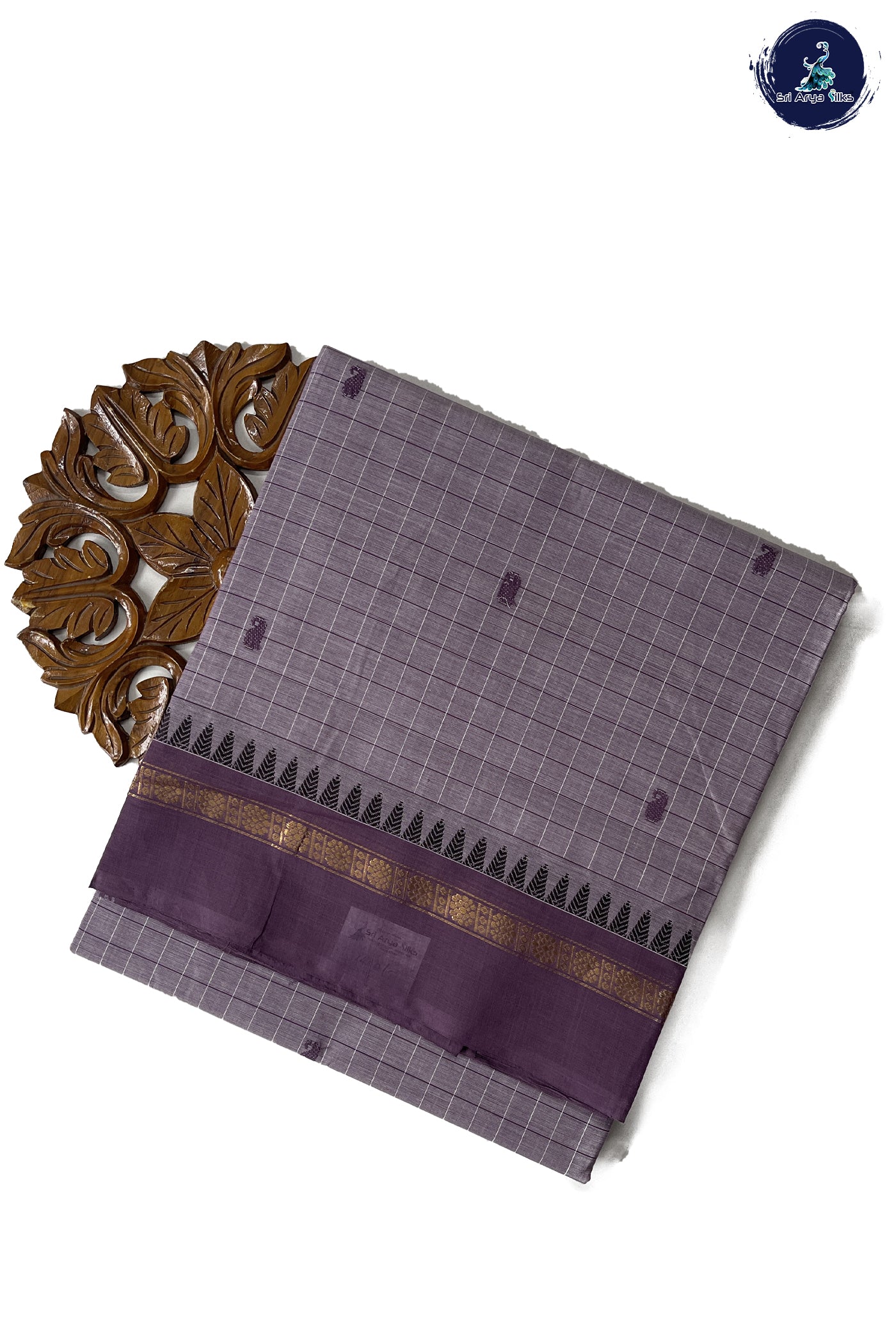 Mauve Grey Cotton Saree With Checked Pattern